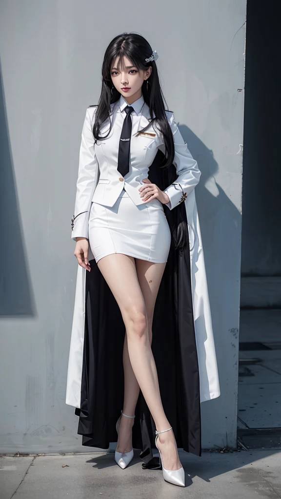 สาวสวยTwo meter long hair, long black hair, ชุดสูทผู้หญิงwhite, (wearing a women's suit, Business woman's suit, white), (ชุดสูทผู้หญิงwhite), (เสื้อเชิ้ตwhite), (Thai women's short black necktie), (Military rank insignia), (short pencil skirtwhite), tight, (dynamic post), full body, (Huge breasts, thin body, small waist, hips raised, small thighs, Long legs), A gigantic rift, รองเท้าBlack high heels, (short pencil skirt, white), (Wearing a white business suit, สูทนักธุรกิจหญิงwhite), tight, military regalia, เสื้อwhite, กระโปรงwhite, Two suit buttons, Two meter long hair, Form-fitting suit, เสื้อสูทwhiteทรงธรรมดารัดรูป, black shoes, high-heels, Black high heels, (stand, dynamic post), Not a veil,