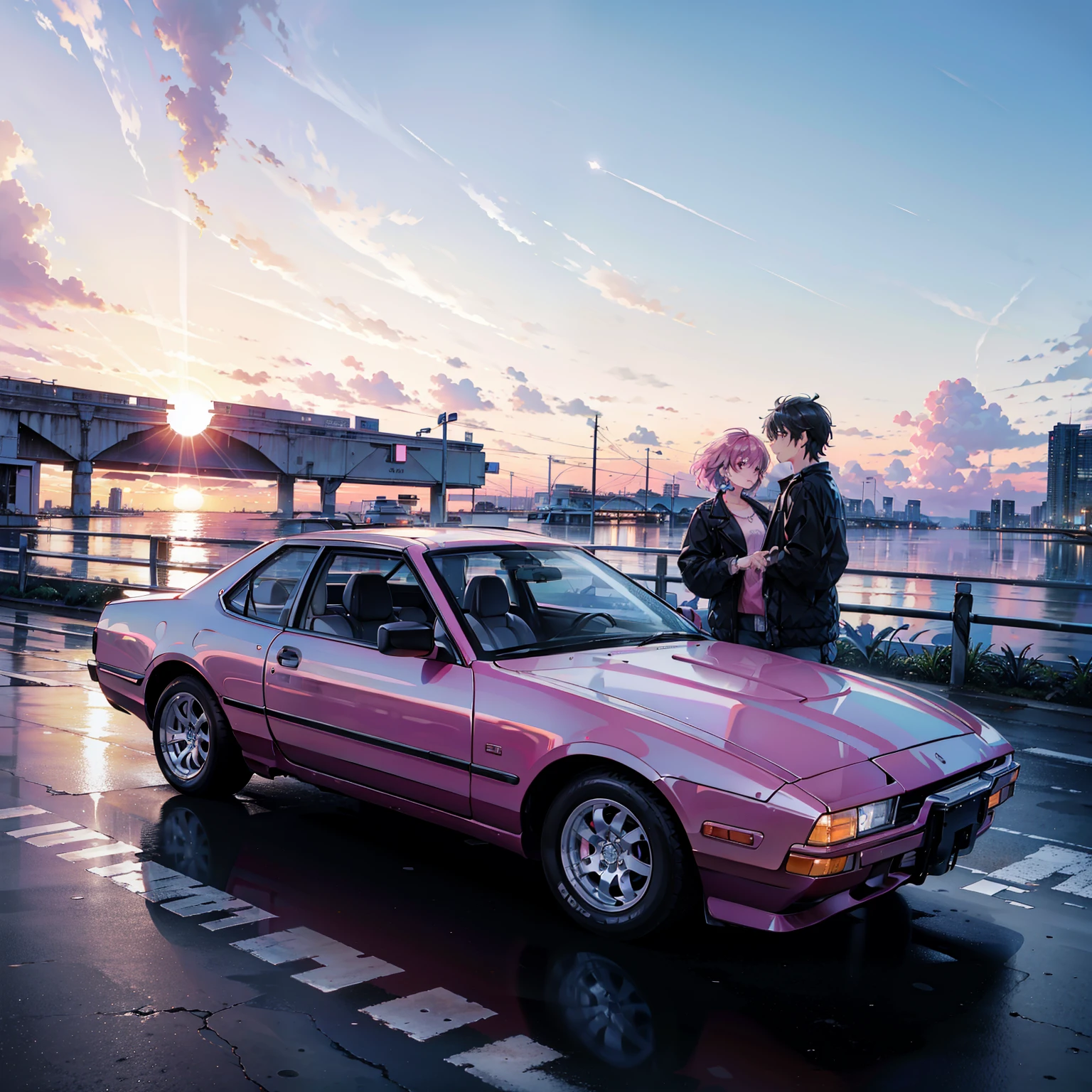 {8K image}, Beautiful Miami landscape at dusk, Horizon Image, people around you、car、plane、Pedestrian, 80s aesthetic in purple and pink hues