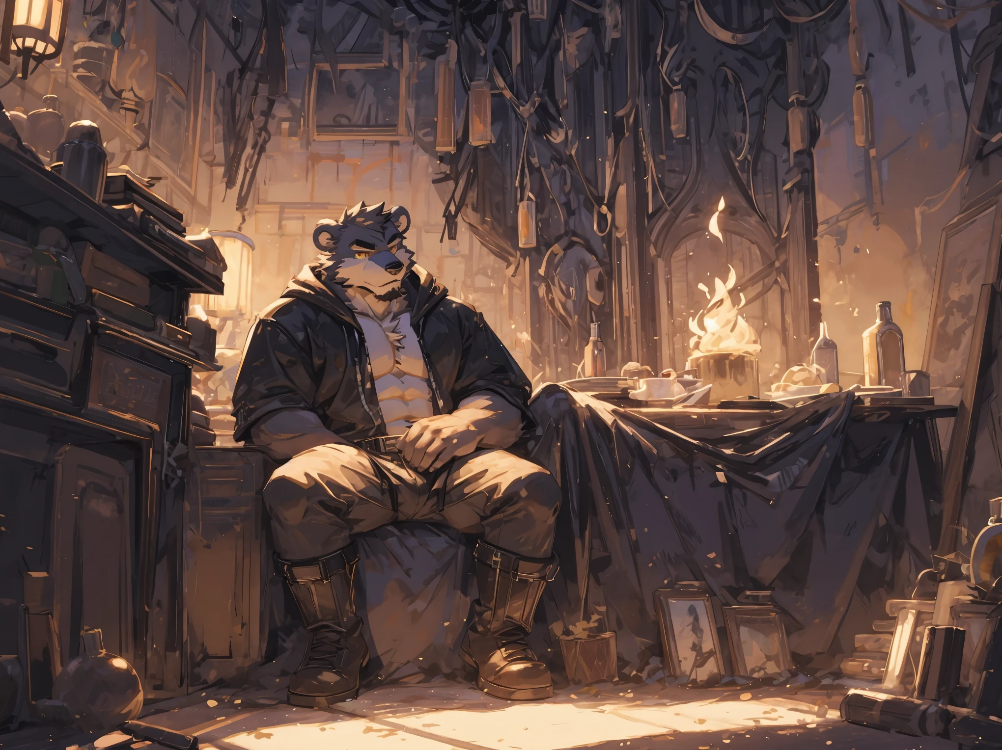 (masterpiece:1.2), best quality,pixiv,official art,perfect anatomy, (Ray tracing, light),solo, (1_male:1.3) , (muscle), (gray fur:1.4), (muscle bear), (beard:1.2), (gleaming golden eyes), Thick black eyebrows, open hoodie, (naked inside:1.2), cargo pants, (boots:1.2), portrait, sitting alone