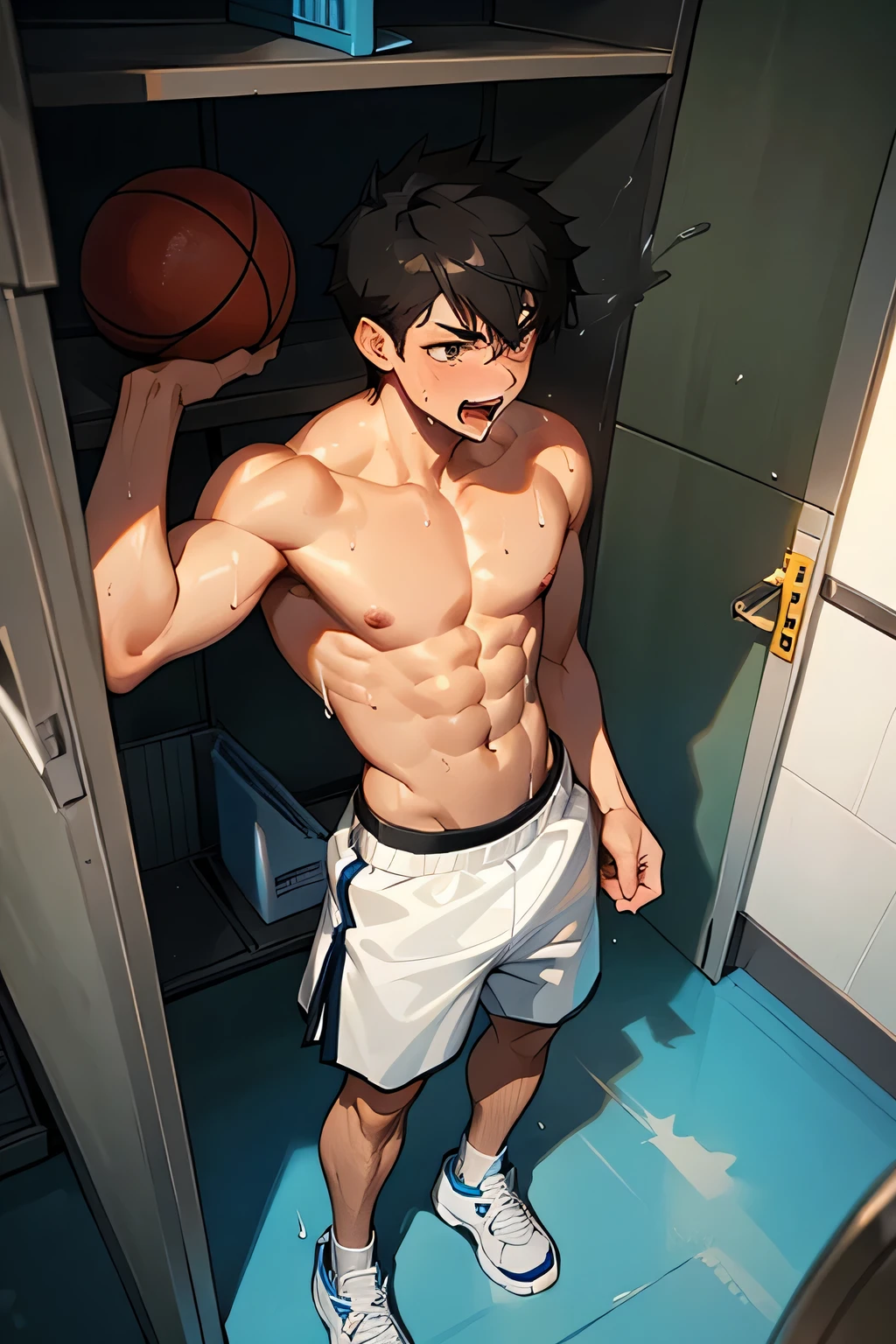 shirtless, super muscular, sweat-drenched body, dripping with sweat, 22-year old short black hair male wearing sweat-drenched white basketball shorts and rubber shoes, panting, very exhausted, drenched with sweat, shirtless, in the locker room
