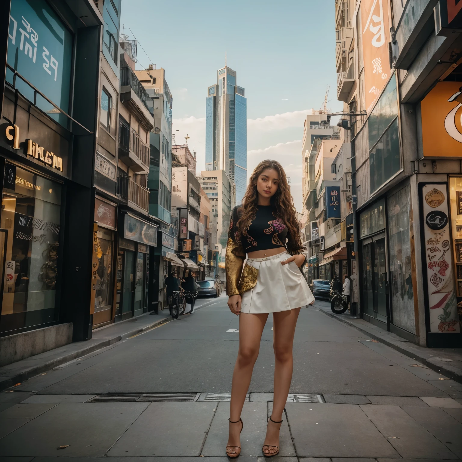 (best quality,4k,8k,highres,masterpiece:1.2),ultra-detailed,realistic:1.37,photography,a woman,loving to travel,observing the beautiful,majestic,and surreal cityscape of Seoul, South Korea,aesthetic,detailed face and expression,curly hair flowing in the breeze,captivating eyes pierce through the camera lens,painted with vibrant colors,stylish outfit with a sense of adventure,wandering through the bustling streets,tall skyscrapers reflecting the golden sunset light,street vendors and pedestrians adding life to the scene,ornate architecture blending with modern urban design,street art and graffiti adorning the walls,each corner revealing a hidden story,transported to a dreamlike world with a touch of magic.