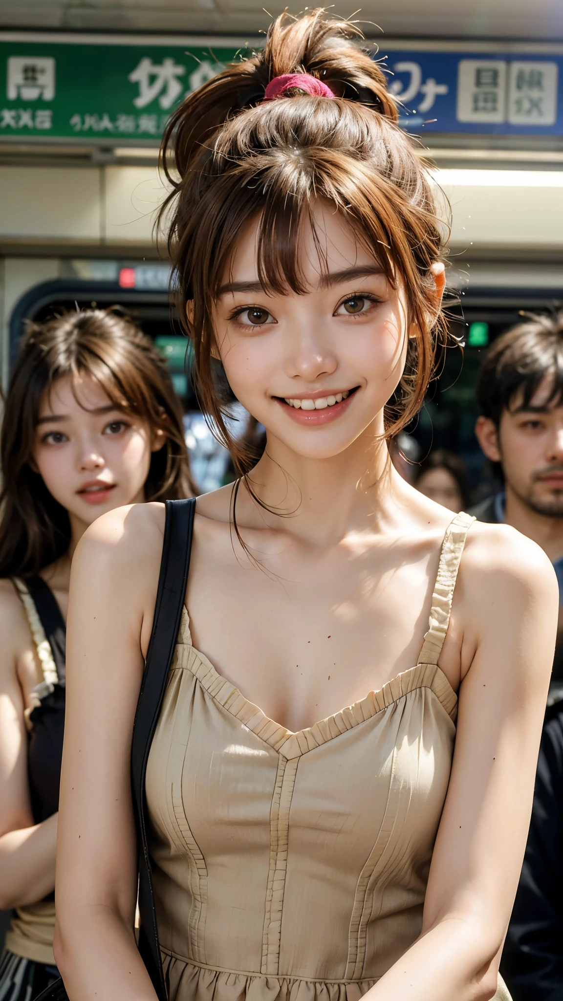 highest quality, masterpiece, ultra high resolution, (realistic:1.4), (close portrait) Raw photo, 1 girl,20-year-old,((A crowded Yamanote Line train on a holiday)),((Asian Fashion)),messy hair,((Ponytail and scrunchie, chestnut-colored hair)),((Bangs short hair)),realistic,picture media chest)),((toothy smile)),((big smile))