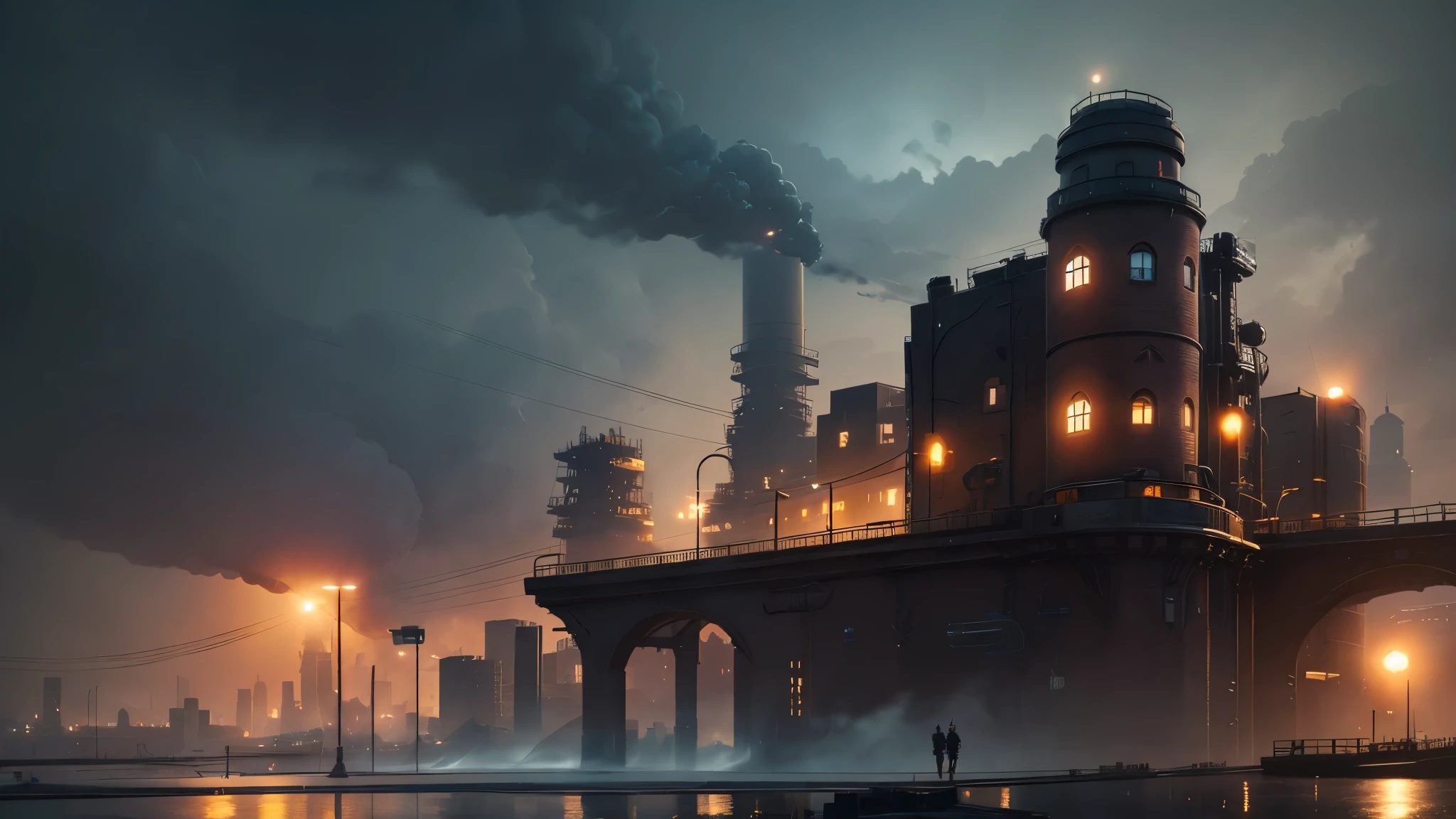 industrial city, surround with a wall, steampunk. There is an inn, Residential area, ((airship)) In the sky, City Gate, rusty and heavy, cigarette, cigarette突, factory, gear, mechanical, tall building, tower, power of steam, steam pipe, street light, (bird&#39;s eye view), (at night, starry sky), (heavy rain), (intersection), (cinematic lighting:0.8, Super detailed, bloom)