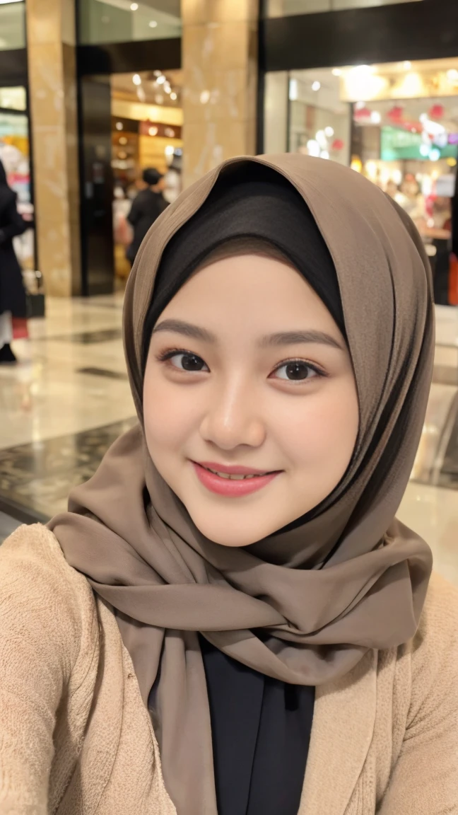 Selfie taken, See full body, luxury details, 8k, natural, realistic, amazing shots, ULTRA HD,
1 girl, 18 years old, smooth white face, white skin, smailing, neat white teeth, big breasts, wearing a long white hijab covering the body, with decorations on the hijab, Muslim clothes for worship, beautiful face, beautiful black face, cute, curly eyelashes, beautiful eyes , sweet smile, sitting on the bed, Indonesian Muslim, realistic, atmosphere in the out door, in the mall,