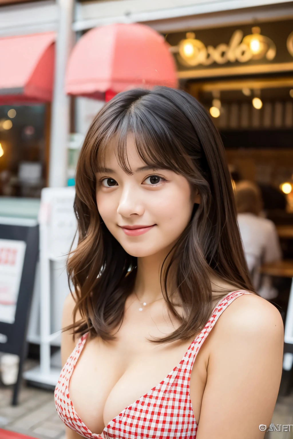 A 20-year-old woman with the cute face of an idol who looks . Gentle and cute Please smile kindly Cute clothes that show cleavage bust of medium size, Lunch at a fashionable café Eating a hamburger at a hamburger shop Raw photo real genuine High definition real life No copyright notice
