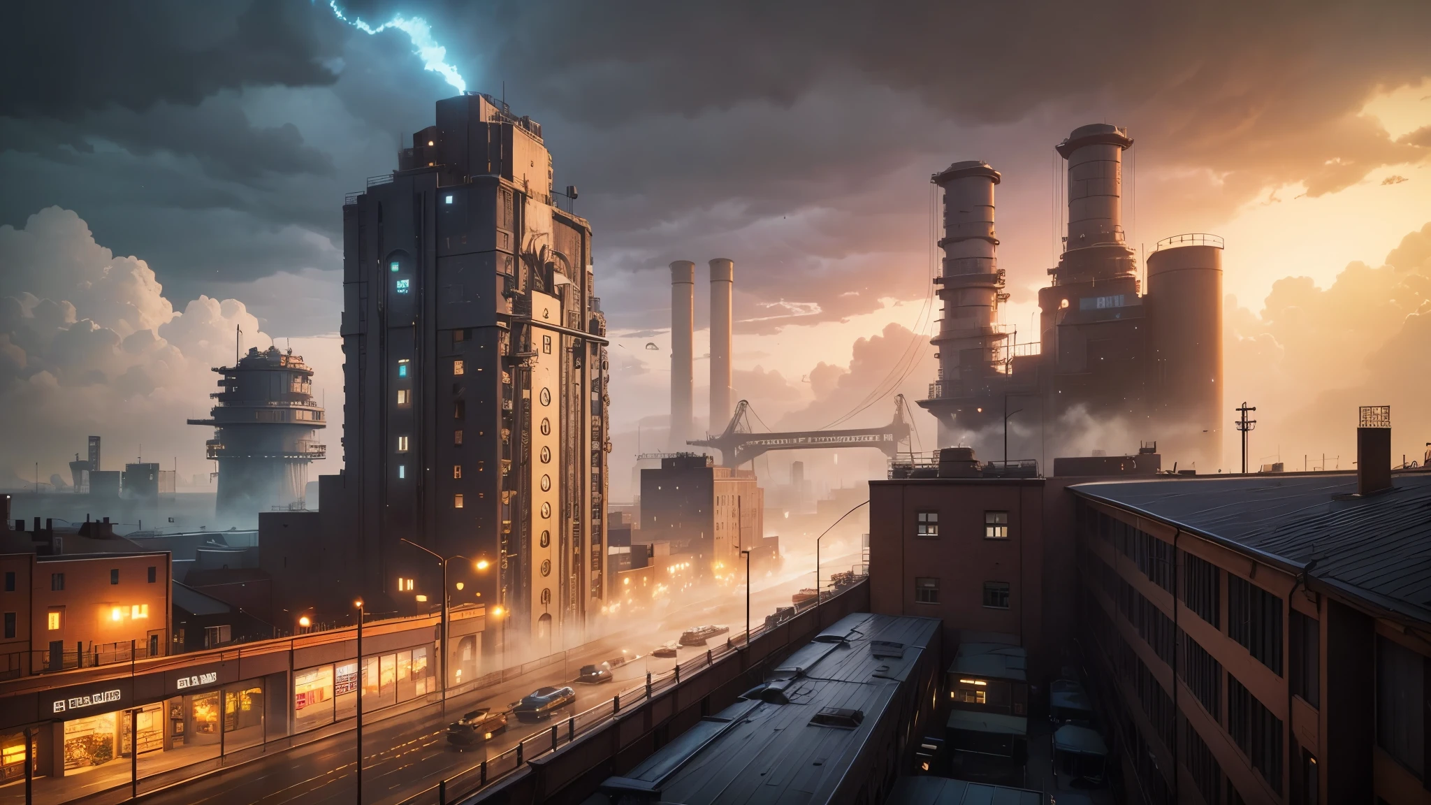 industrial city, surround with a wall, steampunk. There is an inn, Residential area, ((airship)) In the sky, City Gate, rusty and heavy, cigarette, cigarette突, factory, gear, mechanical, tall building, tower, power of steam, steam pipe, street light, (bird&#39;s eye view), (at night, starry sky), (heavy rain), (intersection), (cinematic lighting:0.8, Super detailed, bloom)