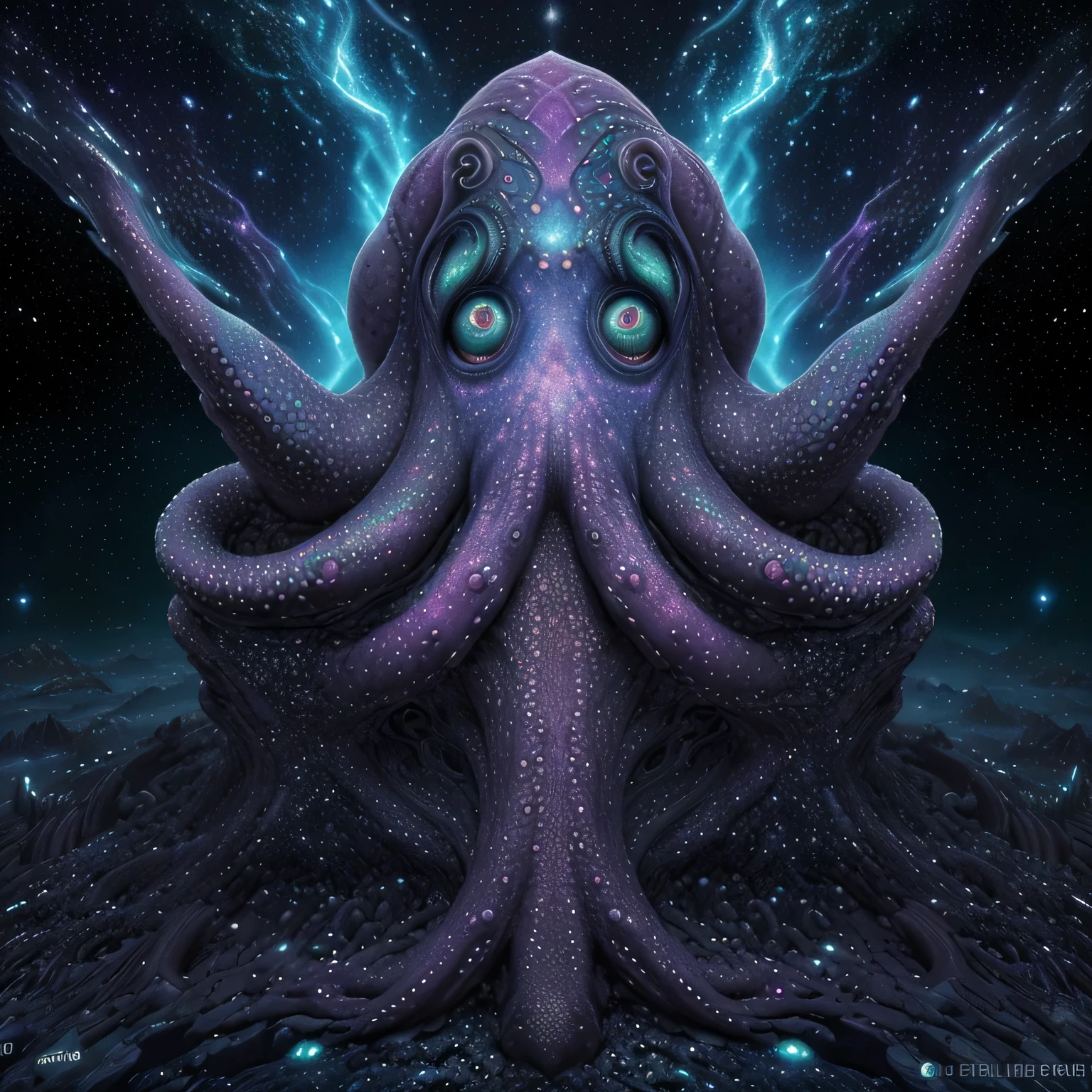 Masterpiece, full art, ultra detailed, 8k, cosmic venenous octopus, with number 8 tatooed, magical, celeste, galaxy, lovecraft, biomechanic, unique, god from nowhere, apocalypse, armagedon, supernova, terror, fear, nebuleuse, artwork, amazing, awesome, particules, strange, dark fantasy, genesis