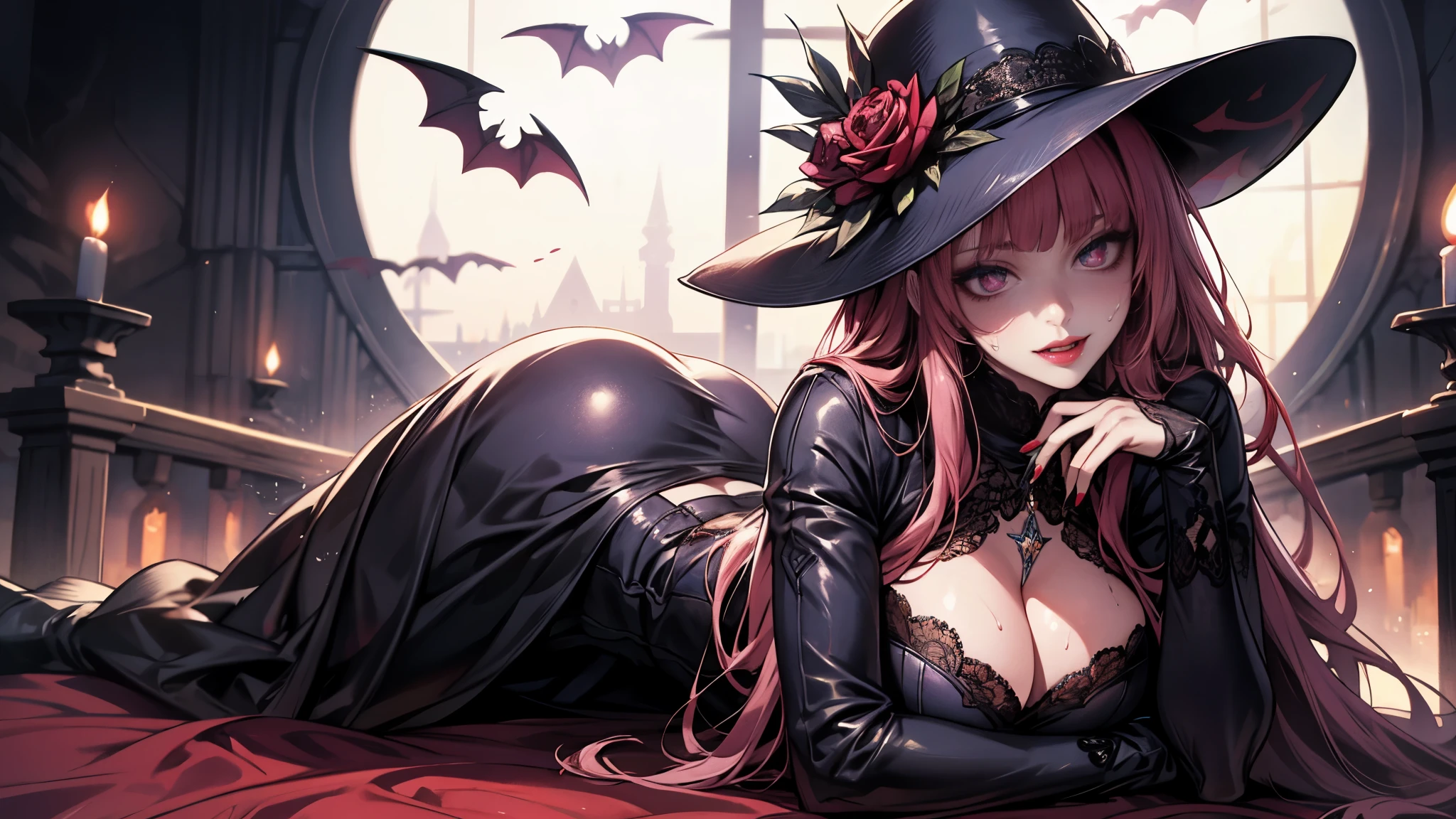 (Best quality, 8K, Masterpiece:1.3, 1 girl, solo, Beautiful girl), cute, Dynamism, Detailed face, Detailed skin, detailed clothes, Detailed eyes, Detailed lips, Detailed tongue, Detailed fingers, Detailed mouth, Photorealistic, Raw photo, highres, hight resolution, Natural lighting, dynamic pose, perfect anatomy, toned legs, double eyelids, tear bags, round eyes, moist lips, sweaty, ecstatic face, vampires, red glowing pupils, deep pink hair, straight long hair, blunt bangs, looks into camera, evil smile, Top hat, (exposed Vampire fangs), gorgeous Gothic dress, gorgeous decorative lace dress, Skull decoration, the bats, her body is surrounded by a red mist, rays of moonlight, masturbation, boots, large breasts, round ass, lying, close up, blood on around lips, red lips