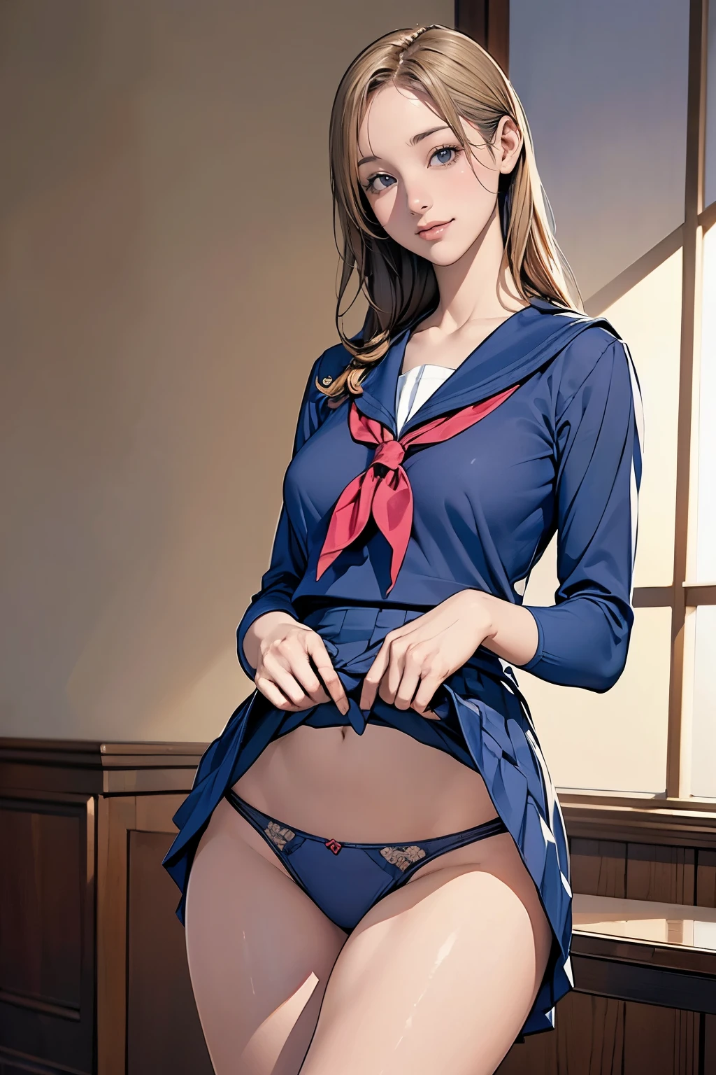 (masterpiece:1.2, highest quality), (realistic, photorealistic:1.4), beautiful illustrations, (natural side lighting, movie lighting), beautiful thighs, Front view, 1 girl, high school girl, , perfect face, Cute symmetrical face, shiny skin, ランダムなカラーのsailor suit、
(random hairstyle、blonde), Big eyes, long eyelashes chest), thin, expensive、
beautiful hair, beautiful face, fine and beautiful eyes, beautiful clavicle, beautiful body, beautiful breasts, beautiful thighs, beautiful feet, beautiful fingers,
((High-quality fabric, sailor suit, navy pleated skirt)),
(beautiful scenery),Are standing, (smile, Superior, open your mouth), (((skirt lift, Colorful panties are visible)))