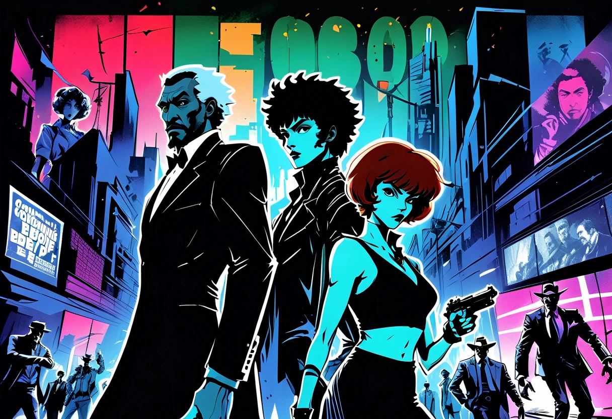 illustrate, cross hatching, dutch angle, hand drawn, expressive ink bold lines, joelle jones style reference, Cowboy Bebop cover art, wordless, splash page, decompressed comic, Duo dancing a vile stanky boogie, excessive exaggerated dancing, Jet Black and grim reaper claptrap black, from Cowboy Bebop blend with borderlands, rotoscope realism, multiple exposure, double exposure, cinematic poster, film poster,