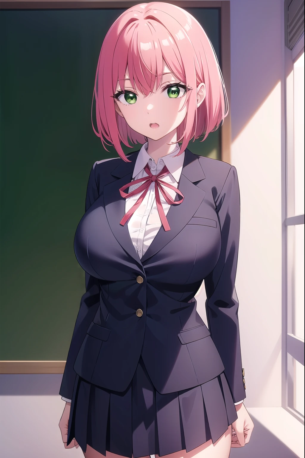 hakarihanazono, hakari hanazono, short hair, hair ornament, (green eyes:1.5), pink hair, flower, hair flower, hair between eyes, sidelocks, open mouth, (big breasts:1.2), (slender:1.6), 
BREAK micro mini skirt, shirt, ribbon, , blazer, white shirt, pleated skirt, collared shirt, black skirt, red ribbon, neck ribbon, 
BREAK looking at viewer,
BREAK indoors, classroom, (cowboy shot:1.5),
BREAK (masterpiece:1.2), best quality, high resolution, unity 8k wallpaper, (illustration:0.8), (beautiful detailed eyes:1.6), extremely detailed face, perfect lighting, extremely detailed CG, (perfect hands, perfect anatomy),