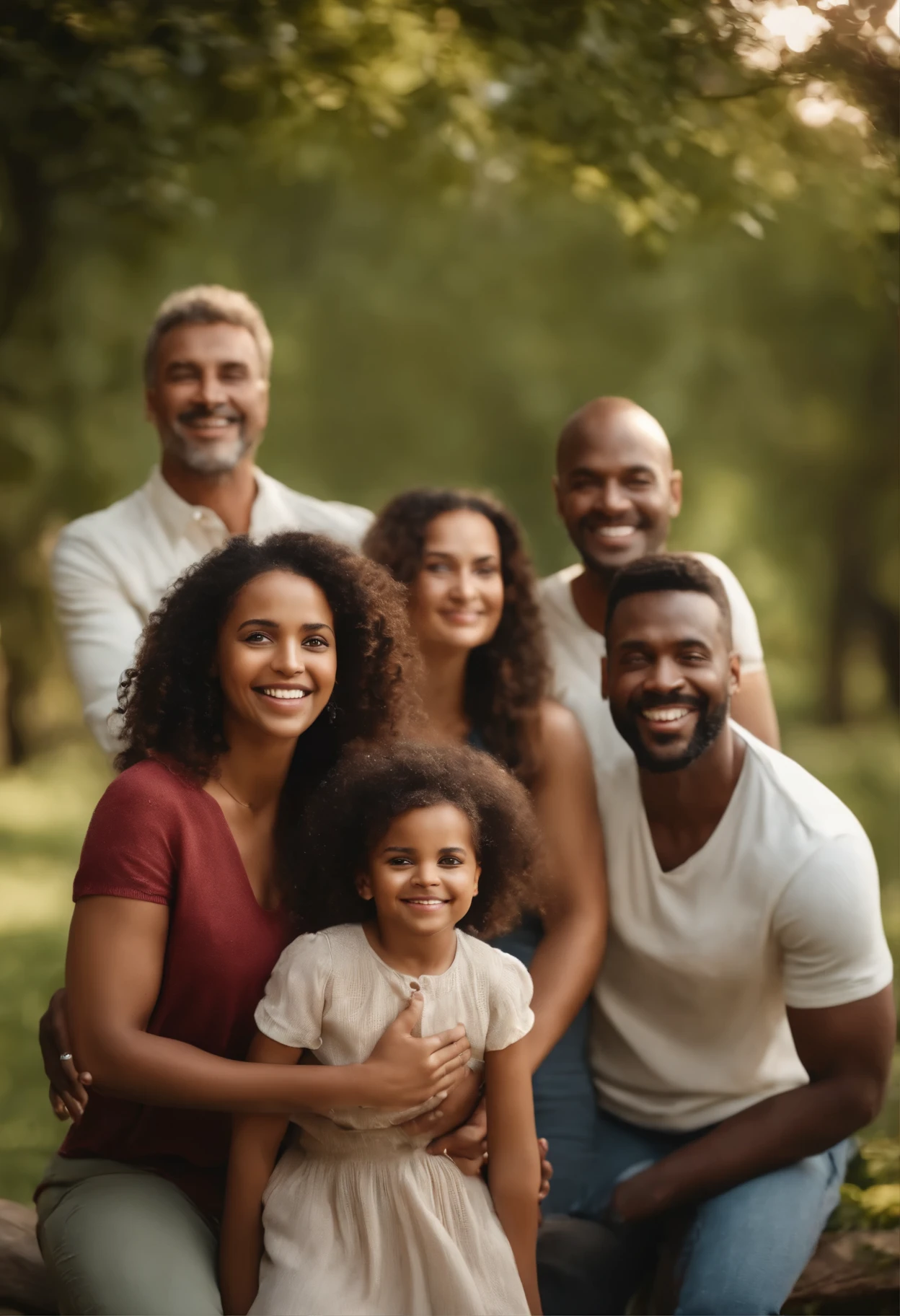 (best quality,4k,8k,highres,masterpiece:1.2),ultra-detailed,realistic,photorealistic,happy family,5 afroamericanos,2 men,3 women,beautiful faces,joyful expressions,natural lighting,vibrant colors,cheerful,loving,united,strong bond,smiling eyes,warm atmosphere,blissful moments,harmonious composition,portrait photography,sunny outdoor scene,lush green surroundings,peaceful ambiance,relaxed poses,dressed in stylish outfits,capturing precious memories,memorable family gathering