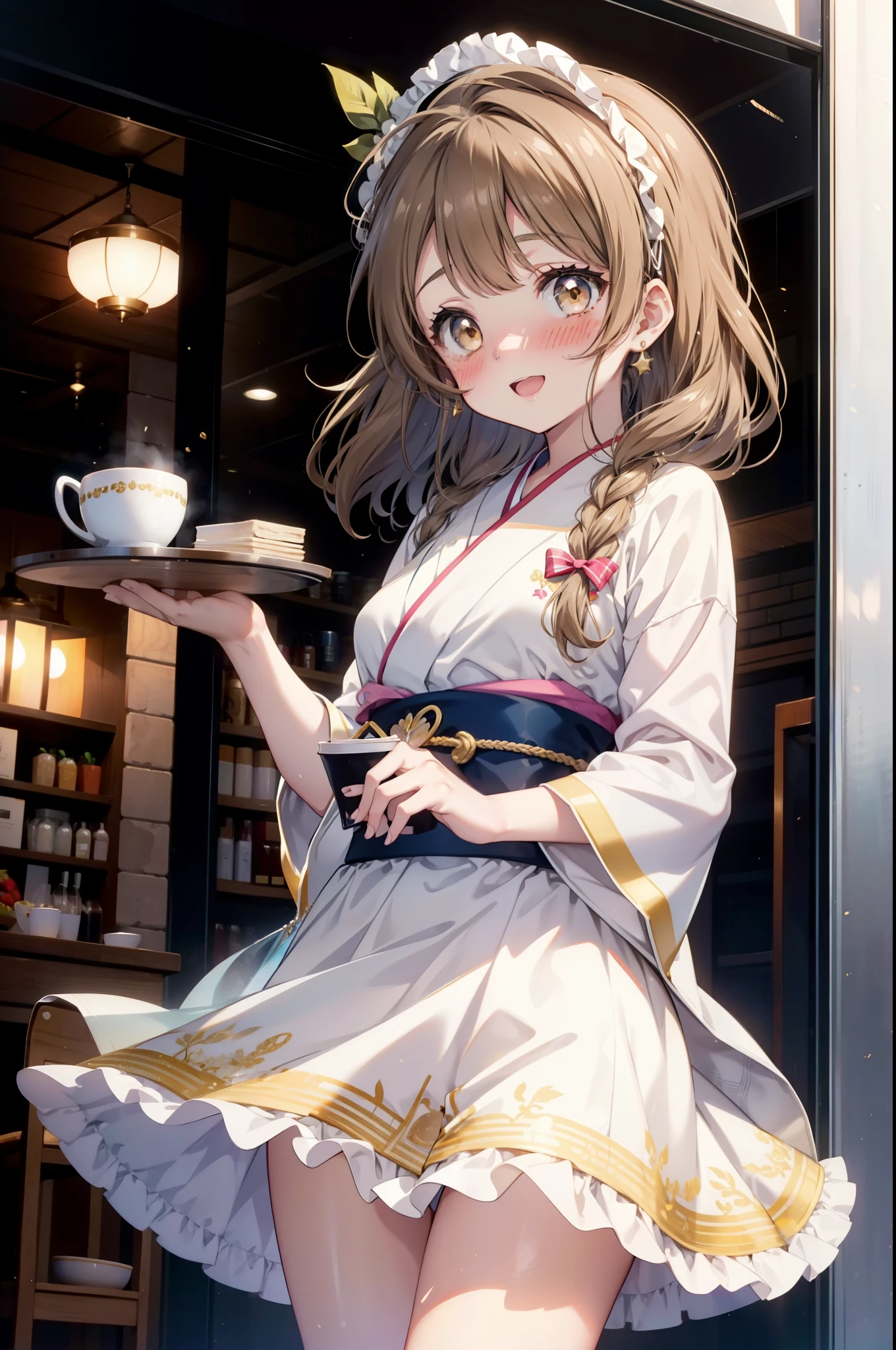 Kotori Minami, Kotori Minami, brown hair, (brown eyes:1.5), one side up, hair ribbon, ribbon, long hair,happy smile, smile, open your mouth,blush,White idol-style kimono,long furisode,White mini hakama,White tights,Zori sandals,tray, tray in one hand,A beautiful waitress with long hair comes to the table to take our order,So that the whole body goes into the illustration,
break looking at viewer, (cowboy shot:1. 5)
break indoors, Coffee shop, 
break (masterpiece:1.2), highest quality, High resolution, unity 8k wallpaper, (figure:0.8), (detailed and beautiful eyes:1.6), highly detailed face, perfect lighting, Very detailed CG, (perfect hands, perfect anatomy),