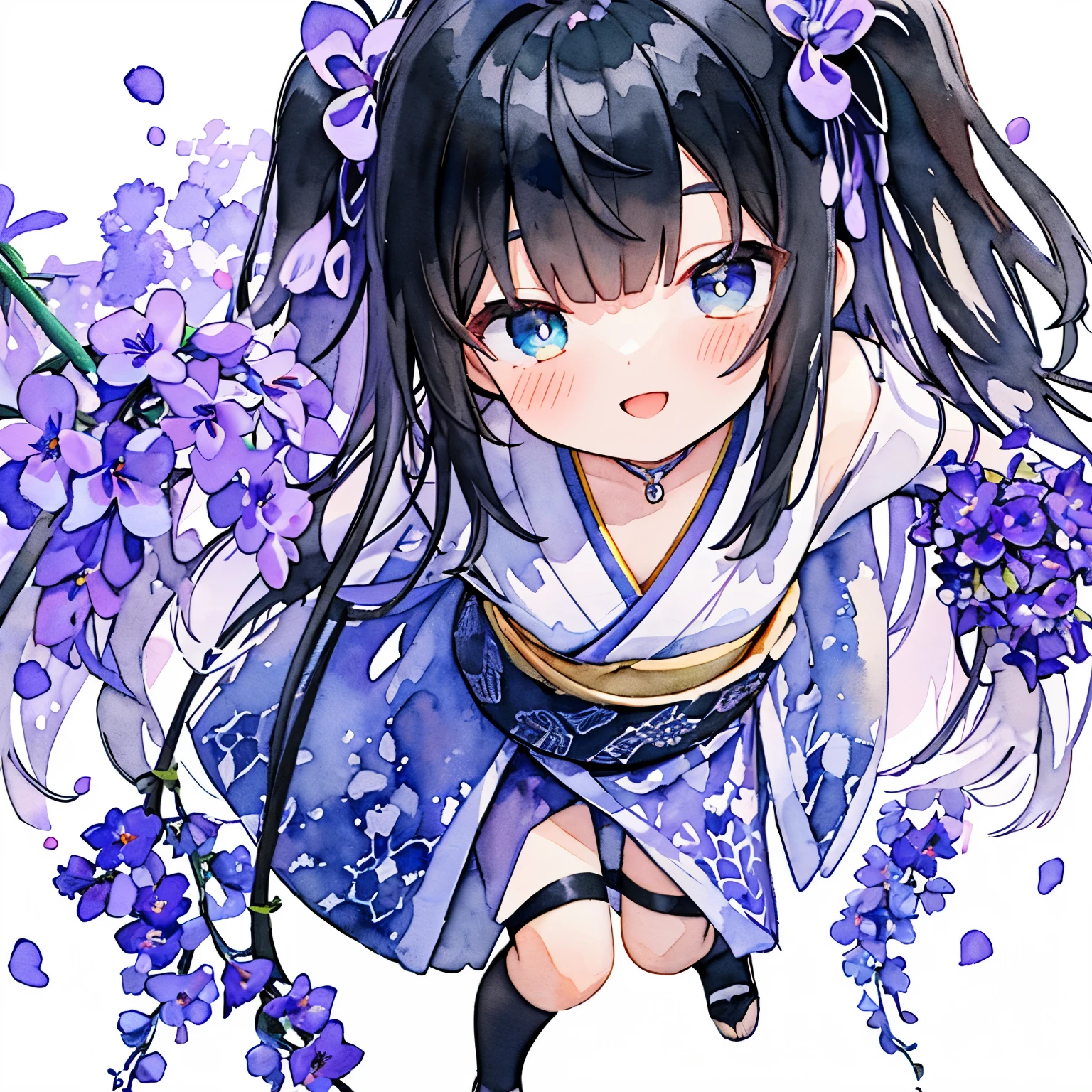leaning forward、hair accessory、(PastelColors:1.3)、(Cute illustration:1.3)、(watercolor paiting:1.3)、 
Detailed background、1girl in、Smile with open mouth、Beautifully detailed、Moya、colourfull、marble、Particles of light、patterns、 
Detailed drawing、Vibrant colors、striking contrast、intricate detailes、Delicate depiction、Luminescent、full body Esbian、
From the side、Beautiful facial features、Brightly colored eyes、Wearing intricate and delicate ornaments、glowing aura、Radiant hair、
Illuminated by the morning light、Masterpiece, high quality, super detailed, super high quality, very delicate and beautiful, girl, high school student, ((black hair two side up to waist)), eyes sharp and strong glossy glossy eyes, eyebrows glossy, eye color magenta, 6.5 head tall, smiling, clothes kimono, knee socks, lace, Nut Violet Torenia pattern, smiling, standing, ((((background nut violets flowers, lots of torenia))))