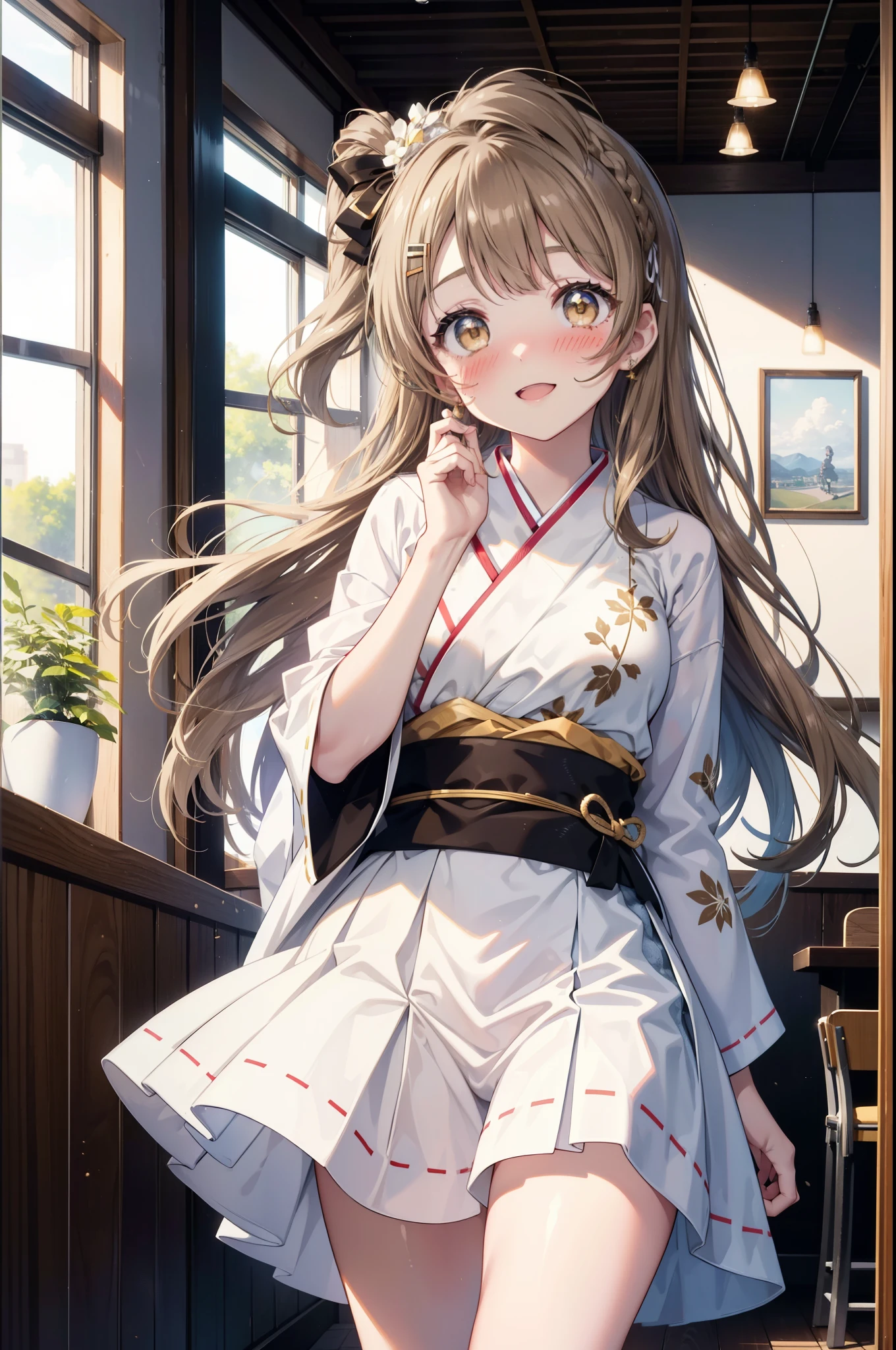 Kotori Minami, Kotori Minami, brown hair, (brown eyes:1.5), one side up, hair ribbon, ribbon, long hair,happy smile, smile, open your mouth,blush,White idol-style kimono,long furisode,White mini hakama,White tights,Zori sandals,tray, tray in one hand,A beautiful waitress with long hair comes to the table to take our order,So that the whole body goes into the illustration,
break looking at viewer, (cowboy shot:1. 5)
break indoors, Coffee shop, 
break (masterpiece:1.2), highest quality, High resolution, unity 8k wallpaper, (figure:0.8), (detailed and beautiful eyes:1.6), highly detailed face, perfect lighting, Very detailed CG, (perfect hands, perfect anatomy),