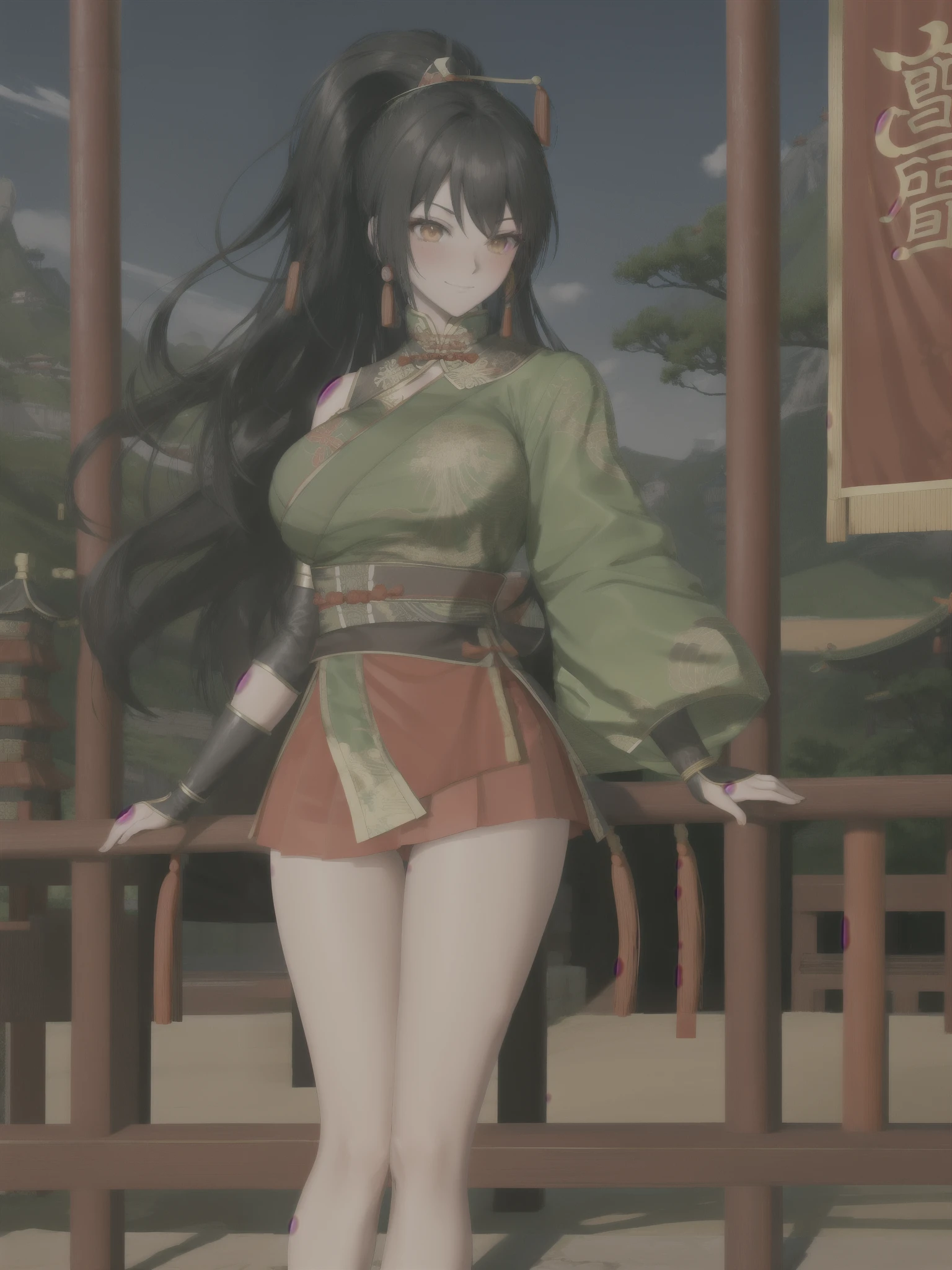 black hair，Orange Eyes，high ponytail，red skirt，Green Hanfu，blush，Smile，big breasts，Facing the audience，Chinese background Guan Yinping（Dynasty Warriors）