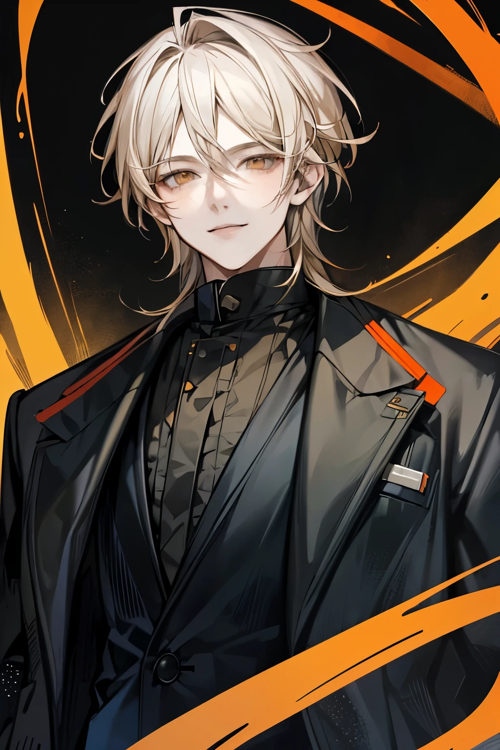 Handsome, solo, male, blonde hair, orange eyes, smile facial, black colar shirt, black coat