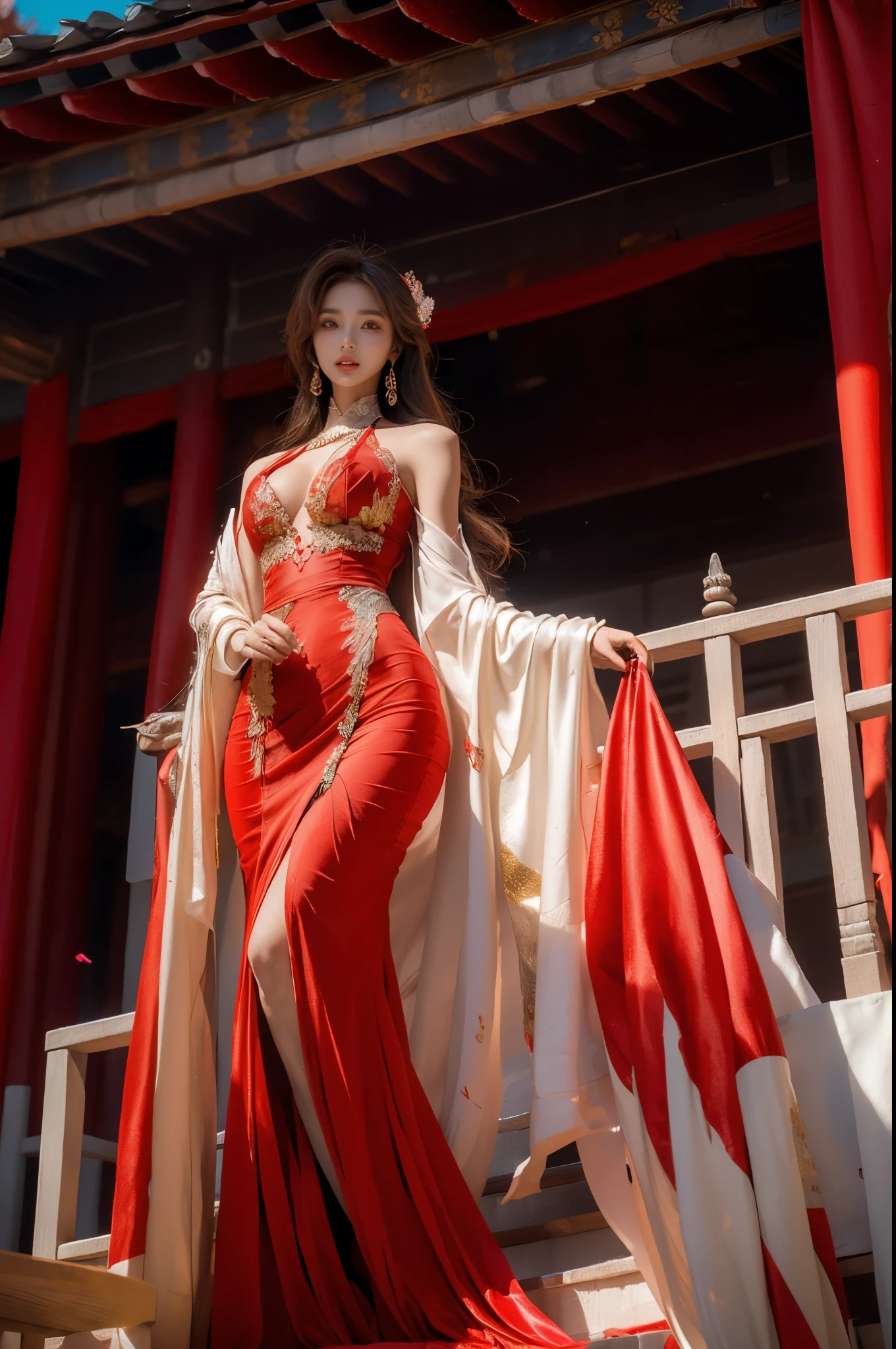 Beautiful woman with perfect body:1.4,layered hairstyle,Prominent cleavage:1.5,red clothes,Highly detailed facial and skin textures,double eyelids,whiten skin,long hair,Whitened long legs