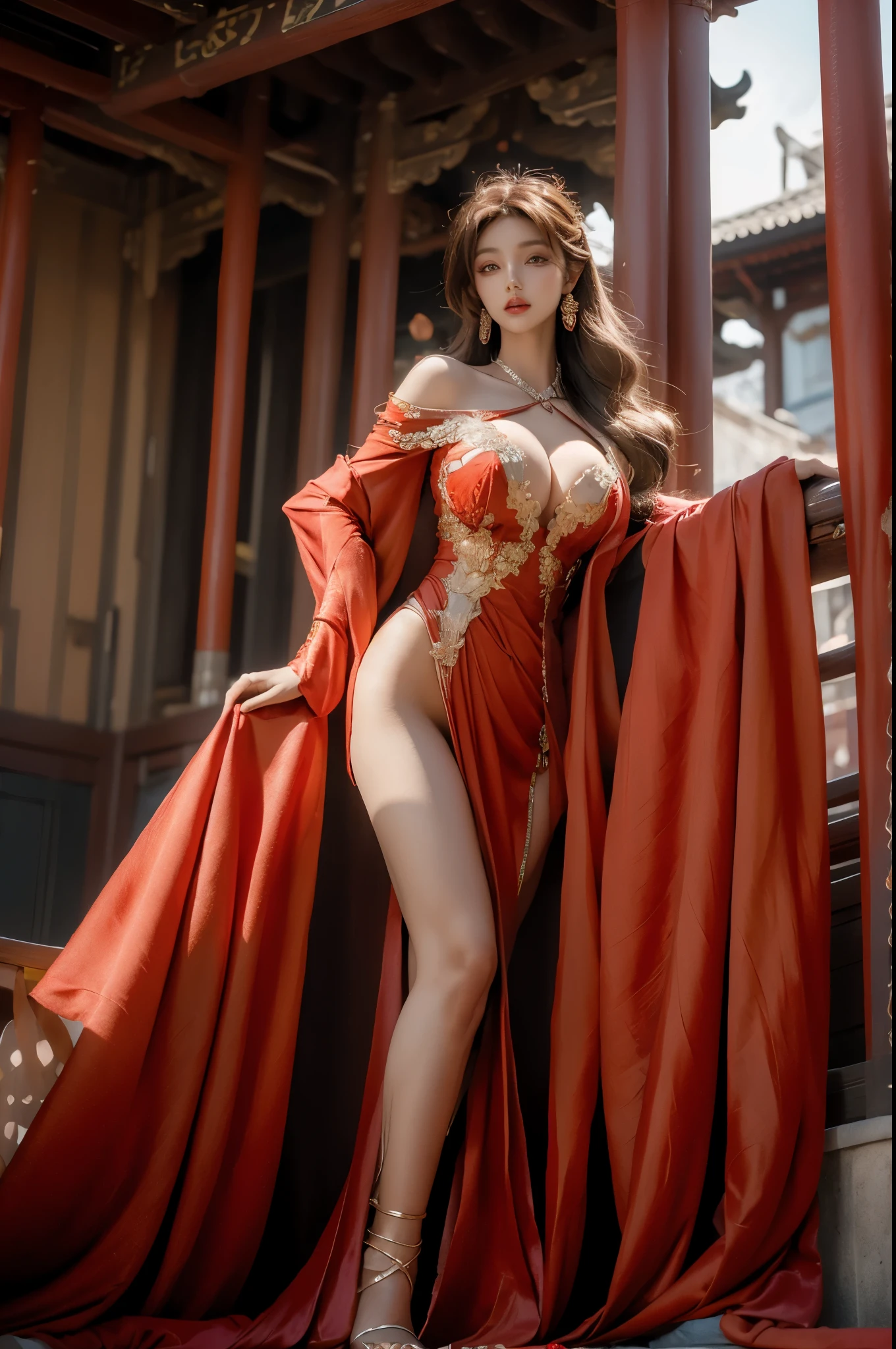 Beautiful woman with perfect body:1.4,layered hairstyle,Prominent cleavage:1.5,red clothes,Highly detailed facial and skin textures,double eyelids,whiten skin,long hair,Whitened long legs