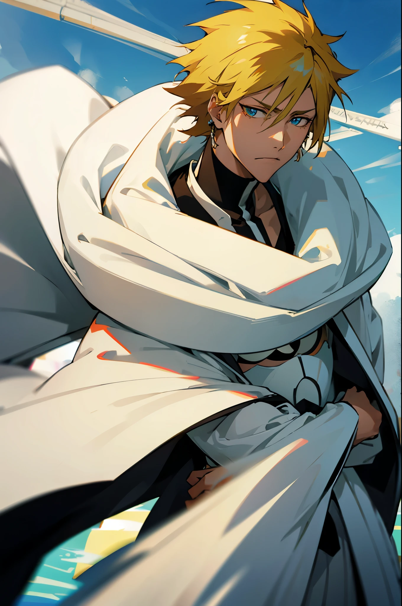 1male, Young Adult, Short Hair, Black Colored Hair, Yellow Highlights, Two Toned Hair, Sky Blue Eyes, Bleach, Hueco Mundo, Arrancar Clothing, Sunny, Muscular, White Coat, Detailed Eyes, Wavy Hair, Earring