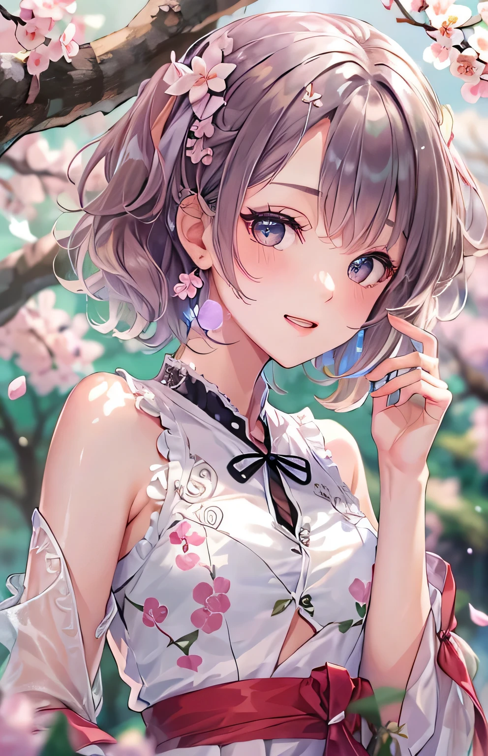 ((highest quality)), ((masterpiece)), (get used to it), perfect face , beautiful girl , cherry blossoms , Beautiful cherry blossoms in the background ,