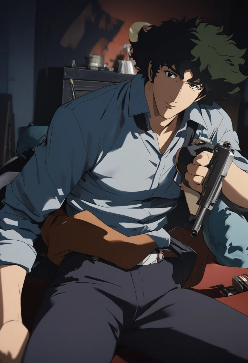 centered image, general shot, ((Cowboy Bebop:1.5, Spike Spiegel with a gun in hand:1.5)), Full Shot, long shot: 1.4, Unreal Engine: 1.4, Ultra Realistic, Photorealistic CG K: 1.4, Skin Texture: 1.4, Masterpiece: 1.4, 32k.