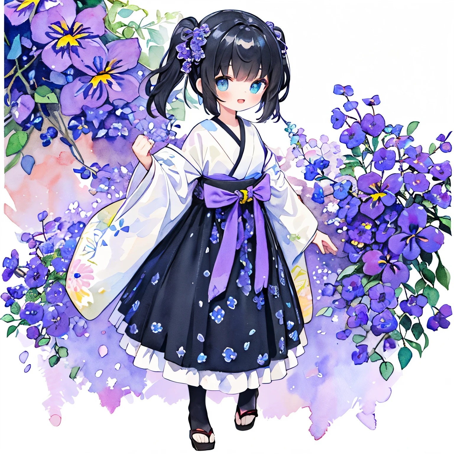leaning forward、hair accessory、(PastelColors:1.3)、(Cute illustration:1.3)、(watercolor paiting:1.3)、 
Detailed background、1girl in、Smile with open mouth、Beautifully detailed、Moya、colourfull、marble、Particles of light、patterns、 
Detailed drawing、Vibrant colors、striking contrast、intricate detailes、Delicate depiction、Luminescent、full body Esbian、
From the side、Beautiful facial features、Brightly colored eyes、Wearing intricate and delicate ornaments、glowing aura、Radiant hair、
Illuminated by the morning light、Masterpiece, high quality, super detailed, super high quality, very delicate and beautiful, girl, high school student, ((black hair two side up to waist)), eyes sharp and strong glossy glossy eyes, eyebrows glossy, eye color magenta, 6.5 head tall, smiling, clothes kimono, knee socks, lace, Nut Violet Torenia pattern, smiling, standing, ((((background nut violets flowers, lots of torenia))))