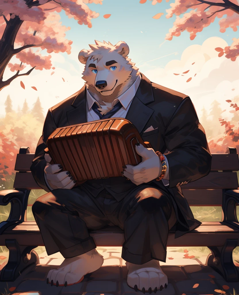 deobaed anatomy, human nature, ((Polar Bear| off white | blue eyes)), male, alone, cannon, Strong, Tail&#39;s eyes, ，cheer，(( bracelet )), bear tail, in the woods, Handheld organ, Smile, by bebebebebe, by zackary911，Takemoto Arashi，woods background，Cherry tree，Blue sky，Dove of peace，((Play the accordion))，((sit on a bench))，Wooden bench，((dressed in a tuxedo))，((Show your feet))，((bare feet))，((Bear Paw))，((Pink meat pads))