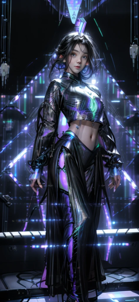 8K, ultra hd, masterpiece, unreal engine girl, (good face:1.4), detailed eyes, long hair, impressive hairstyle, earings, necklace, medium breasts, (glowing outfit:1.5), see-through, (black outfit:1.5), Light-colored foundation brings out the skin, mystery, (laser lights:1.8), very decoration, show high-heels, navel,show tight-fitting, perfect front body,