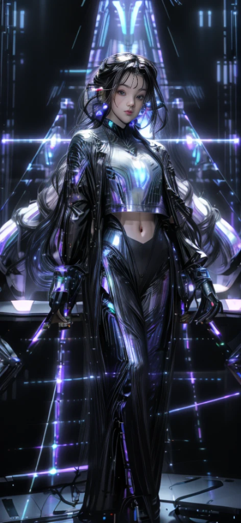 8K, ultra hd, masterpiece, unreal engine girl, (good face:1.4), detailed eyes, long hair, impressive hairstyle, earings, necklace, medium breasts, (glowing outfit:1.5), see-through, (black  outfit:1.5), Light-colored foundation brings out the skin, mystery, (laser lights:1.8), very decoration, show high-heels, navel,show tight-fitting, perfect front body,