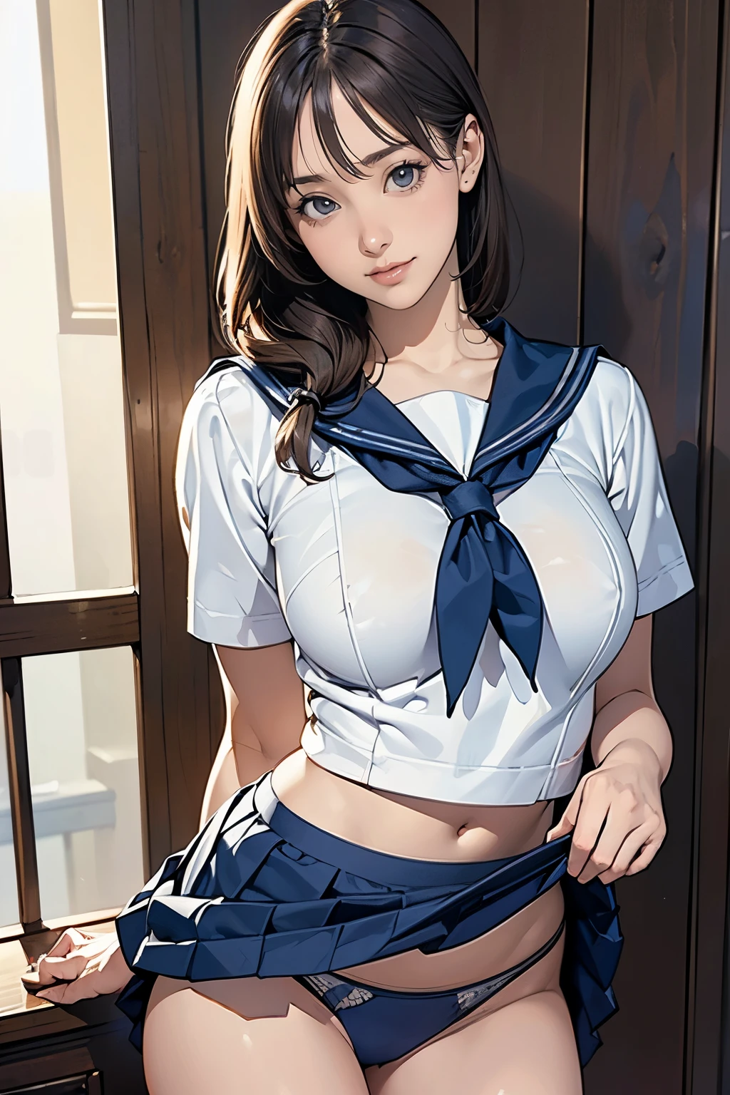 (masterpiece:1.2, highest quality), (realistic, photorealistic:1.4), beautiful illustrations, (natural side lighting, movie lighting), beautiful thighs, Front view, 1 girl, high school girl, 15 years old, perfect face, Cute symmetrical face, shiny skin, ランダムなカラーのsailor suit、
(random hairstyle、blonde), Big eyes, long eyelashes chest), thin, expensive、
beautiful hair, beautiful face, fine and beautiful eyes, beautiful clavicle, beautiful body, beautiful breasts, beautiful thighs, beautiful feet, beautiful fingers, 
((High-quality fabric, sailor suit, navy pleated skirt)), 
(beautiful scenery),Are standing, (smile, Superior, open your mouth),  (((Backwards skirt lift, panties are visible)))