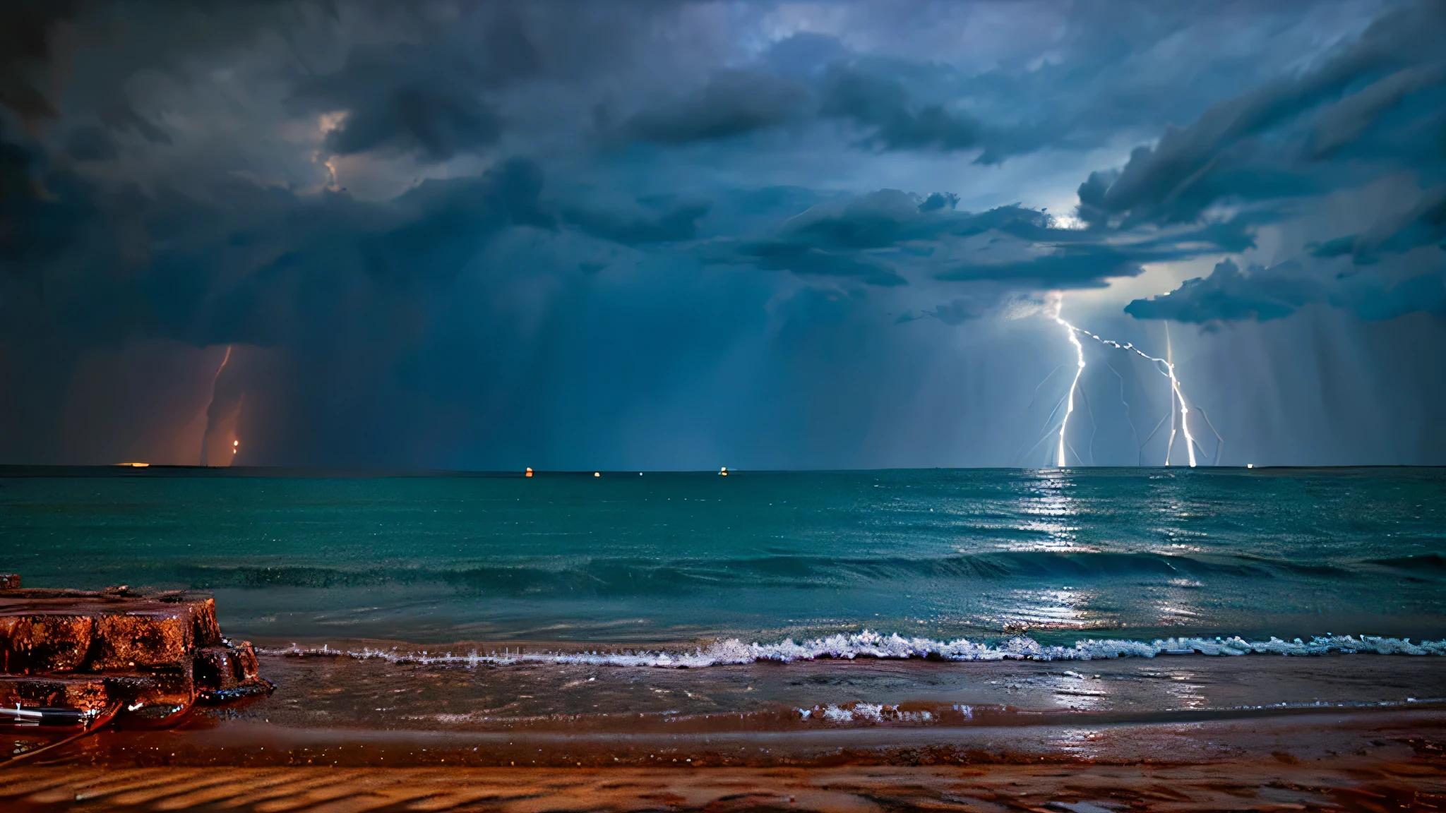 Shocking thunderstorm at sea，beach，rainstorm，lightning，Waves，Dark clouds，realistic details, Dynamic Shadows, 32k resolution, 50mm lens, F/2.4, Greg Rutkowski Style