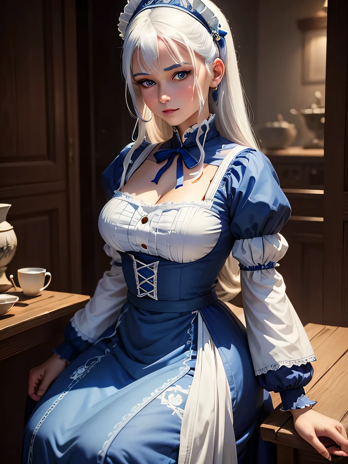 A maid in a traditional setting, wearing a blue dress with white hair and blue eyes. She is of medium height and is depicted in vibrant colors. The artwork is of the best quality, with ultra-detailed and realistic features. The lighting is soft, casting a gentle glow on the scene.