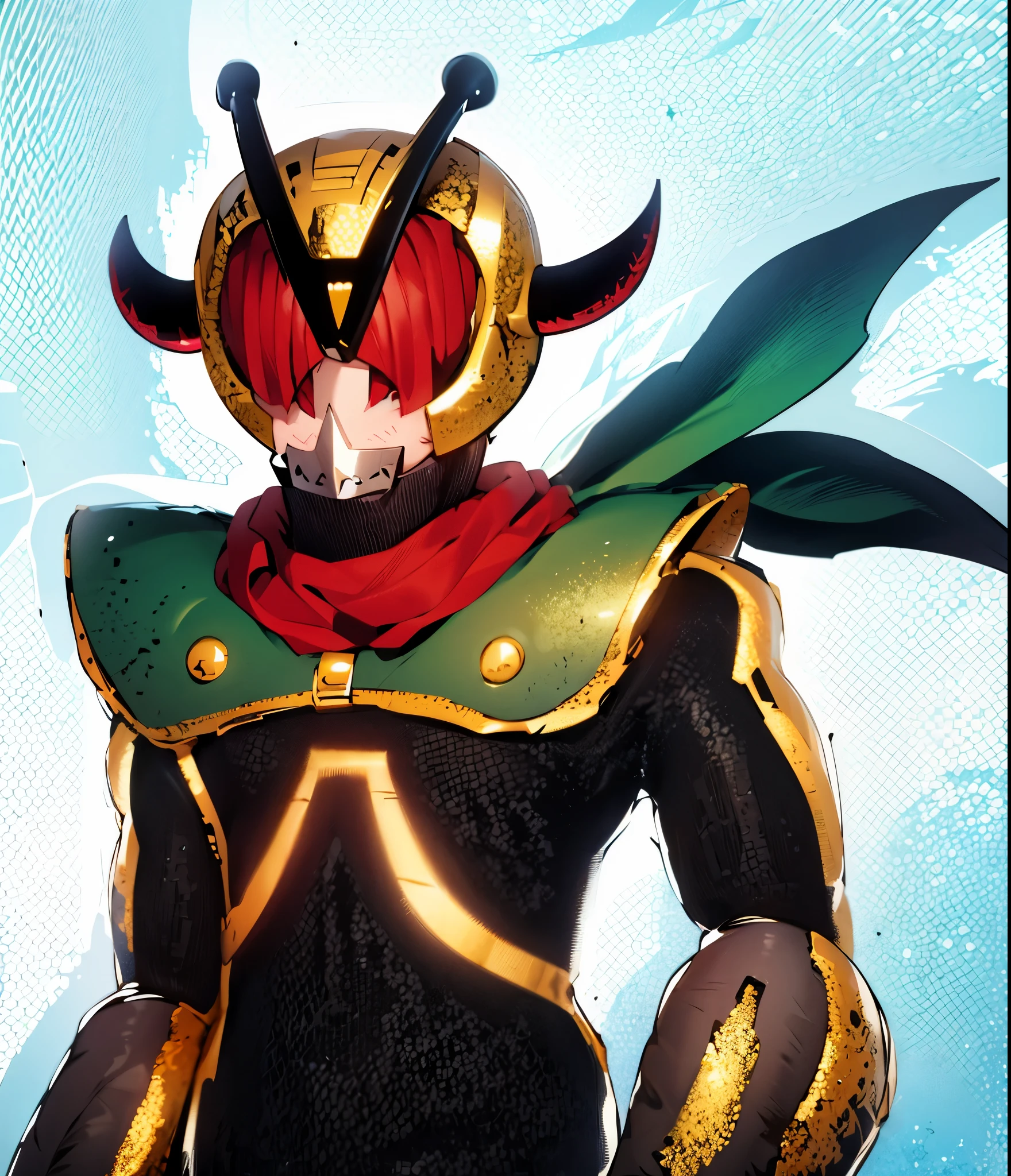 Green helmet, red eyes, golden horns, black full body tights, green gloves, sky background, red scarf,