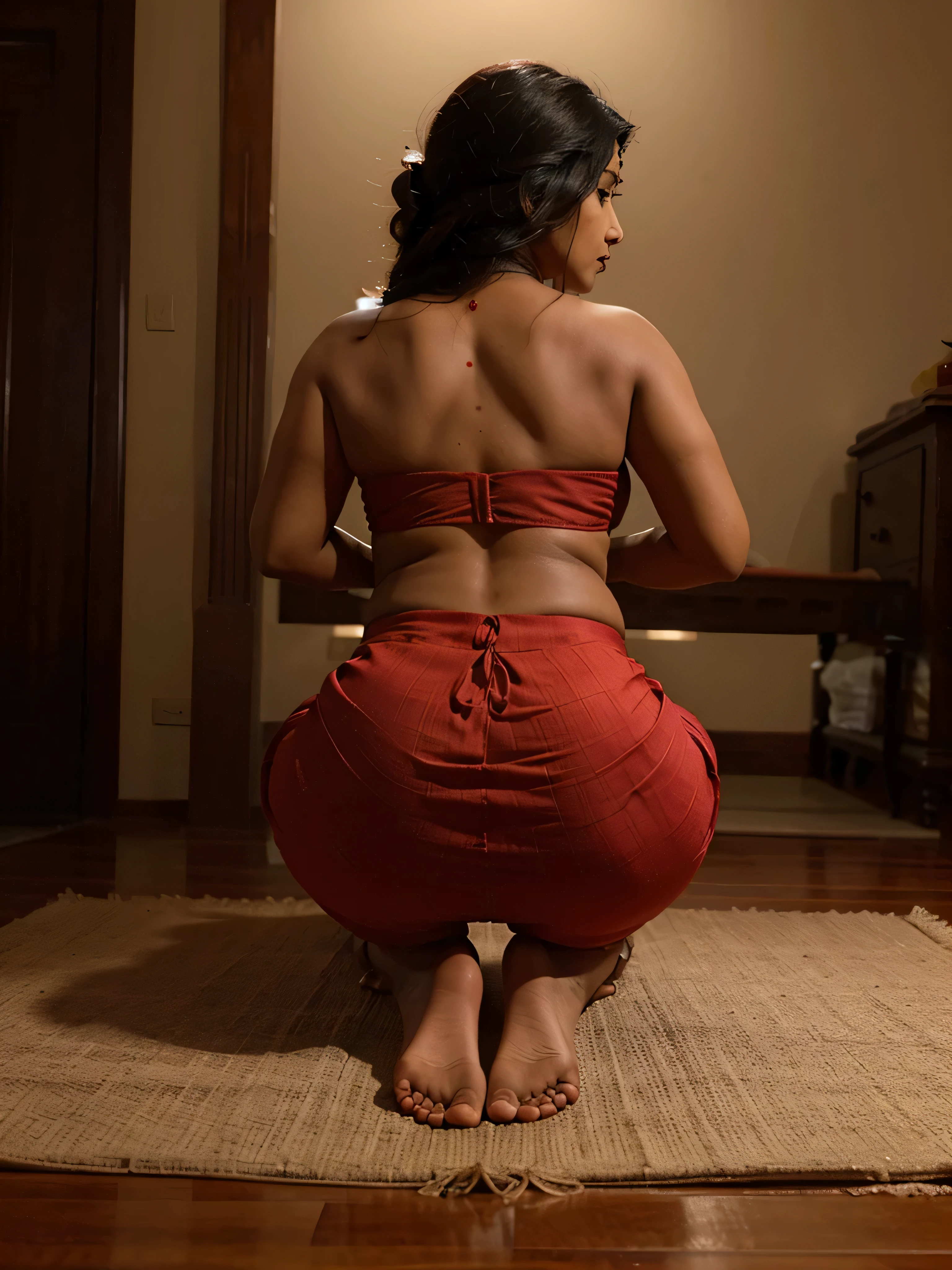 (realistic), (detailed), (accurate), indian woman praying  on her knees in a traditional indian saree , rear view, red saree, yoga posture 