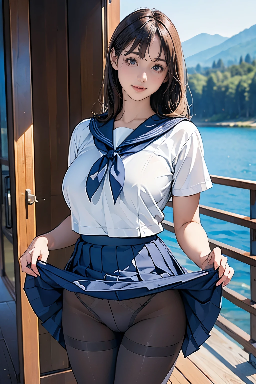 (masterpiece:1.2, highest quality), (realistic, photorealistic:1.4), beautiful illustrations, (natural side lighting, movie lighting), beautiful thighs, Front view, 1 girl, high school girl, 15 years old, perfect face, Cute symmetrical face, shiny skin, ランダムなカラーのsailor suit、
(random hairstyle、blonde), Big eyes, long eyelashes ), thin, expensive、
beautiful hair, beautiful face, fine and beautiful eyes, beautiful clavicle, beautiful body, beautiful , beautiful thighs, beautiful feet, beautiful fingers, 
((High-quality fabric, sailor suit, navy pleated skirt)), 
(beautiful scenery),Are standing, (smile, Superior, open your mouth),  (((skirt lift, Panties and pantyhose are visible)))