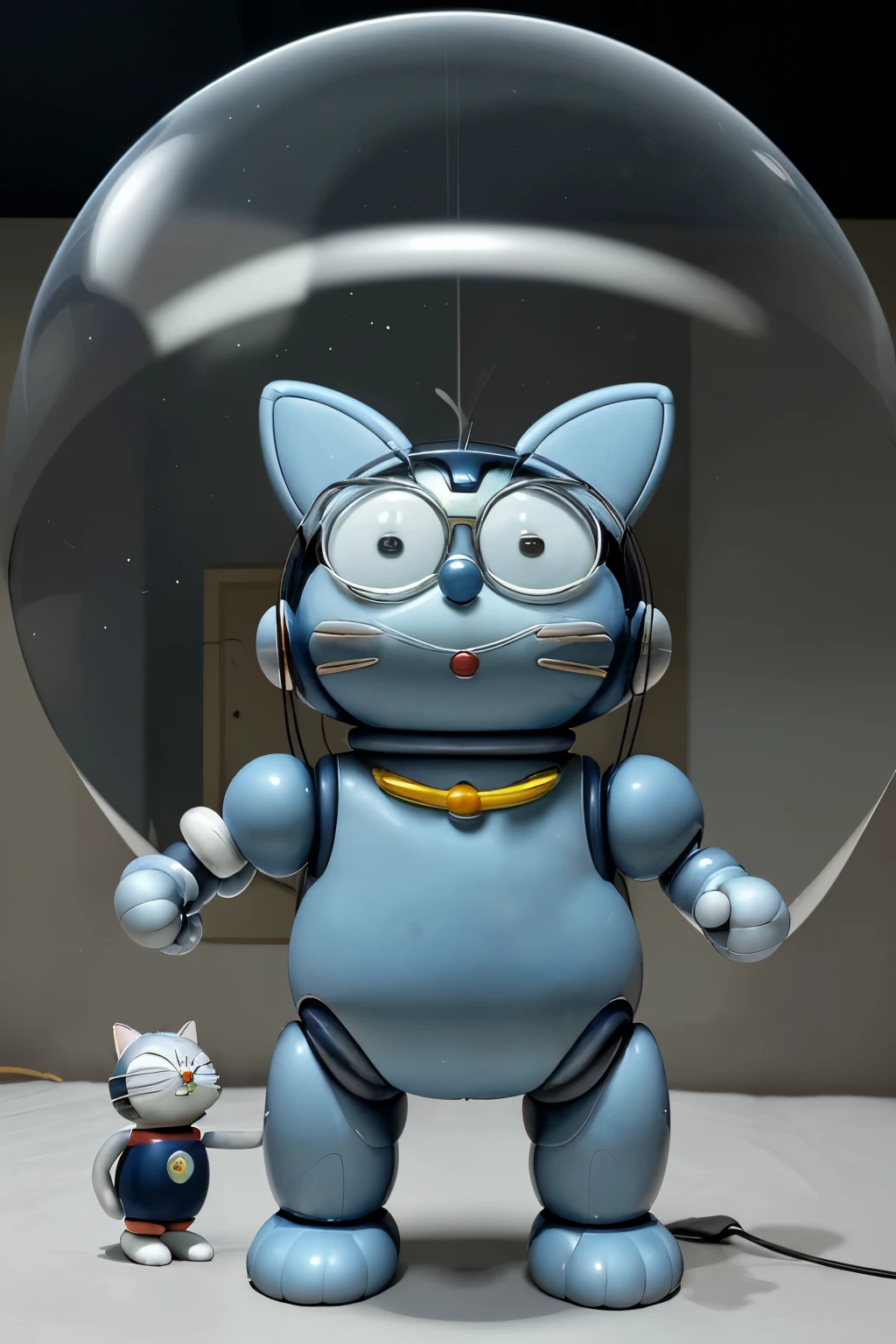 Doraemon is a round, robotic cat-like creature from the 22nd century who has traveled back in time to help a young boy named Nobita. Standing about three feet tall, Doraemon has a rounded blue body, a white belly, and a golden bell attached to his neck. His most distinctive feature is the four-dimensional pocket on his stomach, from which he can pull out an endless array of futuristic gadgets and tools to assist Nobita. Doraemon's large, expressive eyes convey a sense of kindness and empathy, and his robotic ears and tail are highly mobile, reflecting his emotions. Despite his technological nature, Doraemon exhibits very human-like personality traits - he is caring and supportive of Nobita, but also gets exasperated by the boy's laziness and clumsiness at times. With his unique blend of advanced capabilities and endearing charm, Doraemon is the central, beloved character that anchors the whimsical world of the Doraemon series.