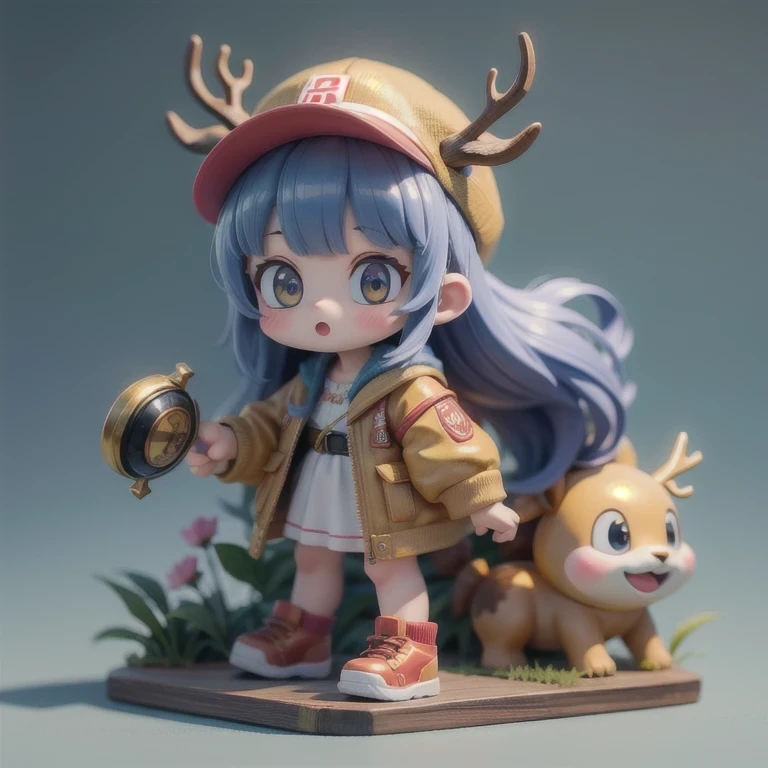 (masterpiece, best quality:1.2), 1girl, ((masterpiece, highest quality, Highest image quality, High resolution, photorealistic, Raw photo, 8K)), Retro Game, Nintendo, SEGA, Namco, Cyberpunk 1:25 miniatures,illustration,Side viewing angle,((Side viewing angle)),Wear gold wire-rimmed reflective sunglasses,Carry future weapons,very happy,Side viewing angle,whole body,three-dimensional,octane rendering,Perfect face,Collagen texture((flowing hair))((Elunchun Deer Antler Hat))