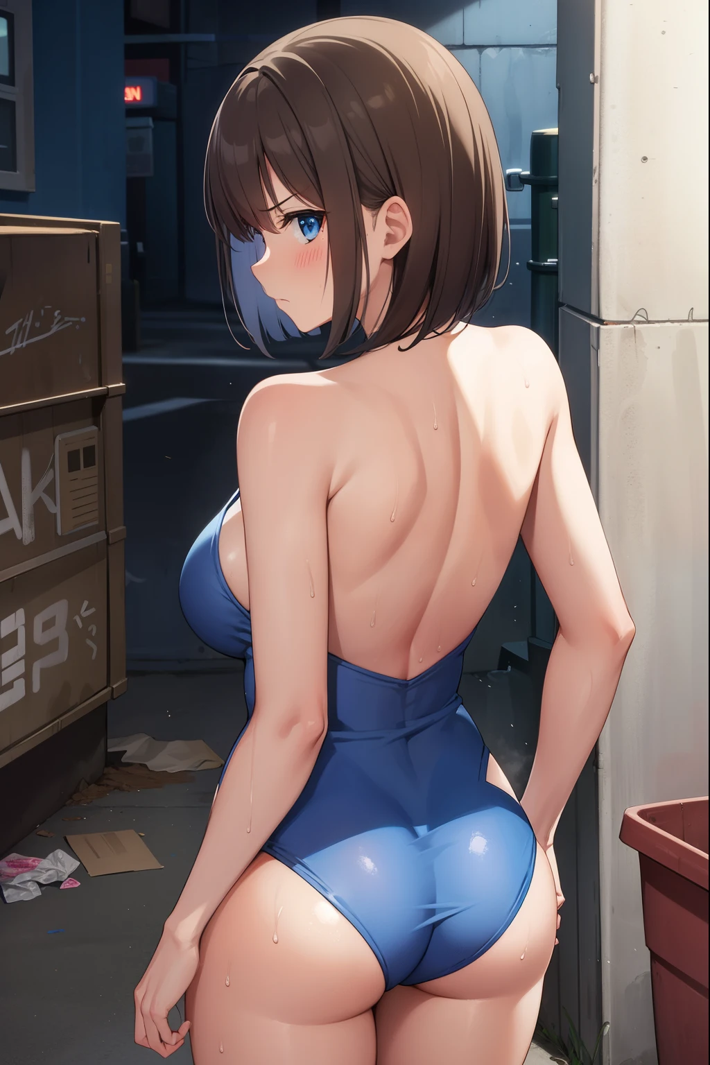 1 girl,Blue leotard,Super High Leg Cut,blue eyes,serious face,brown hair,bob hair,New York City,big breasts,blush,Sweat,barefoot,bare hands,thin,walk,embarrassing,alley,wall graffiti,Scattered garbage,dark,Garbage can,cardboard,cowboy shot,dark,Are standing,butt,face down,back,