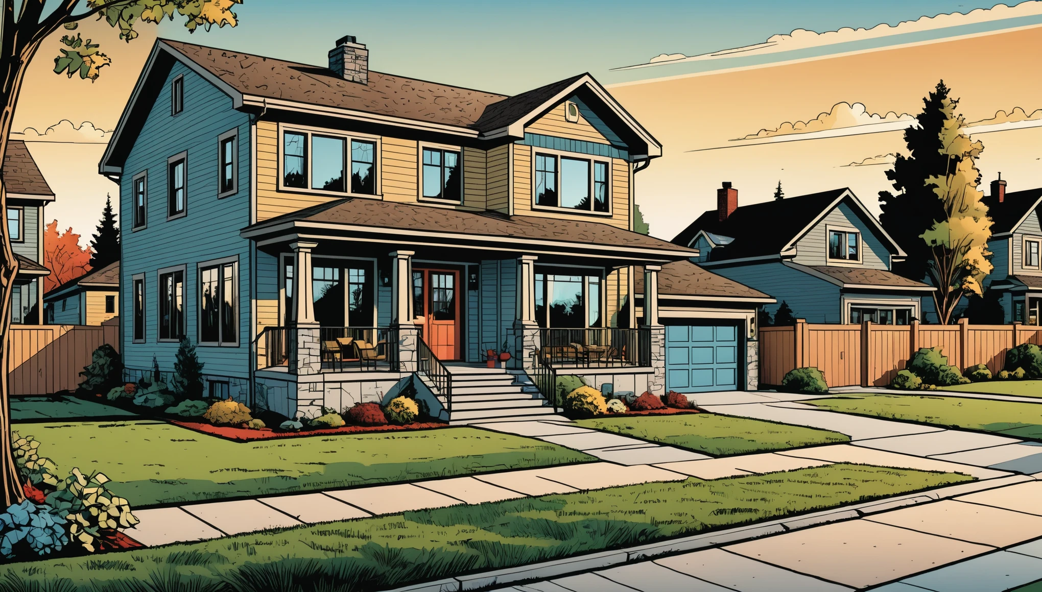 View from sidewalk of a beautiful family house, looking towards the house, view of the entire house from a distance, beautiful house patio in front of the house. Comic books art style.