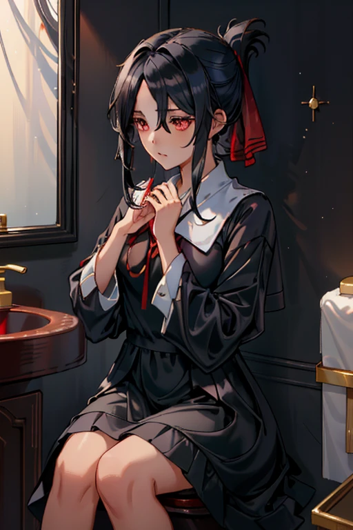 (masterpiece, best quality),  intricate details,
1 girl,    Shinomiya_Kaguya,((Dark black ombre hair:1.2)),, separate bangs, like, red ribbon, like para el cabello, Folded ponytail, dress, dress negro, , long sleeve, like del cuello sudando, hot, 
internal, , Bathroom,  sitting on the toilet, Use of toilet,