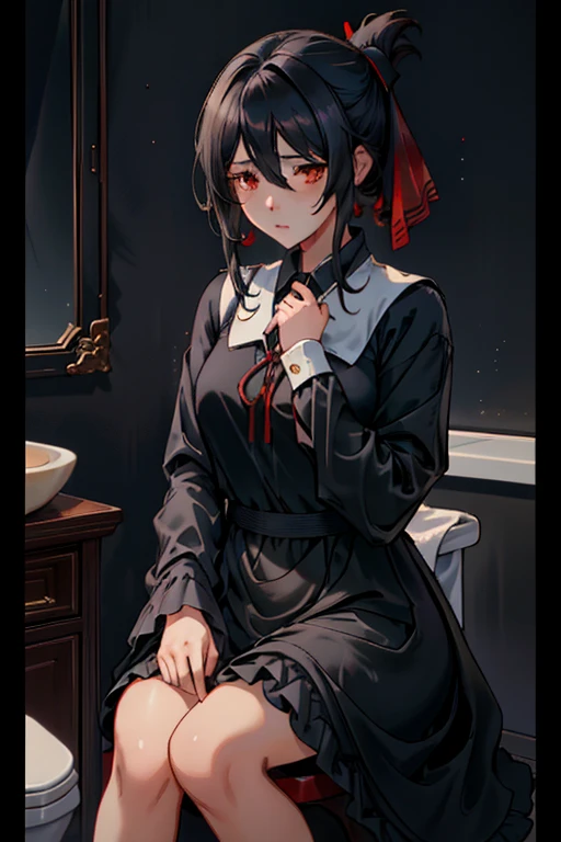 (masterpiece, best quality),  intricate details,
1 girl,    Shinomiya_Kaguya,((Dark black ombre hair:1.2)),, separate bangs, like, red ribbon, like para el cabello, Folded ponytail, dress, dress negro, , long sleeve, like del cuello sudando, hot, 
internal, , Bathroom,  sitting on the toilet, Use of toilet,