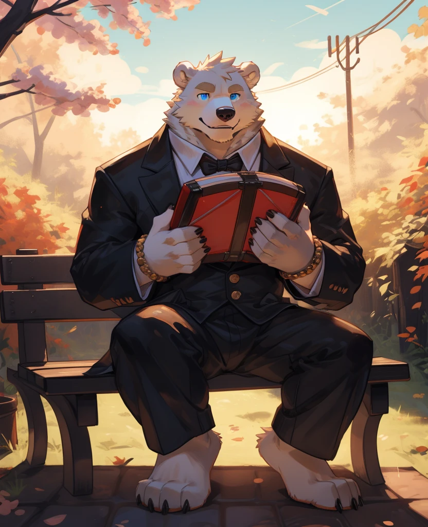 deobaed anatomy, human nature, ((Polar Bear| off white | blue eyes)), male, alone, cannon, Strong, Tail's eyes, ,cheer,(( bracelet )), bear tail, in the woods, Handheld organ, Smile, by bebebebebe, by zackary911,Takemoto Arashi,woods background,Cherry tree,Blue sky,Dove of peace,((Play the accordion)),((sit on a bench)),Wooden bench,((dressed in a tuxedo)),((Show your feet)),((bare feet)),((Bear Paw)),((The sole of the foot is stretched forward to reveal the pink pad))
