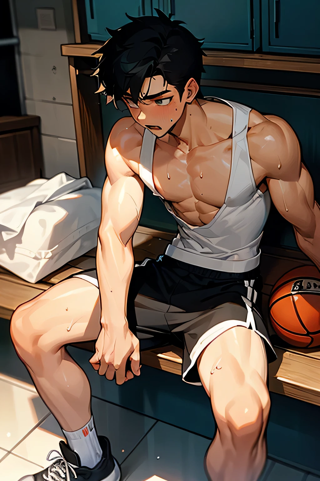 shirtless, super muscular, sweat-drenched body, dripping with sweat, 22-year old short black hair male wearing sweat-drenched white basketball shorts and rubber shoes, panting, very exhausted, drenched with sweat, sweating profusely, shirtless, sitting on the bench, bottled water, towel, in the locker room