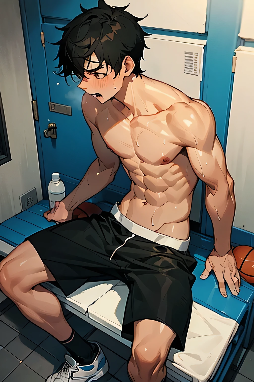 shirtless, super muscular, sweat-drenched body, dripping with sweat, 22-year old short black hair male wearing sweat-drenched white basketball shorts and rubber shoes, panting, very exhausted, drenched with sweat, sweating profusely, shirtless, sitting on the bench, bottled water, towel, in the locker room