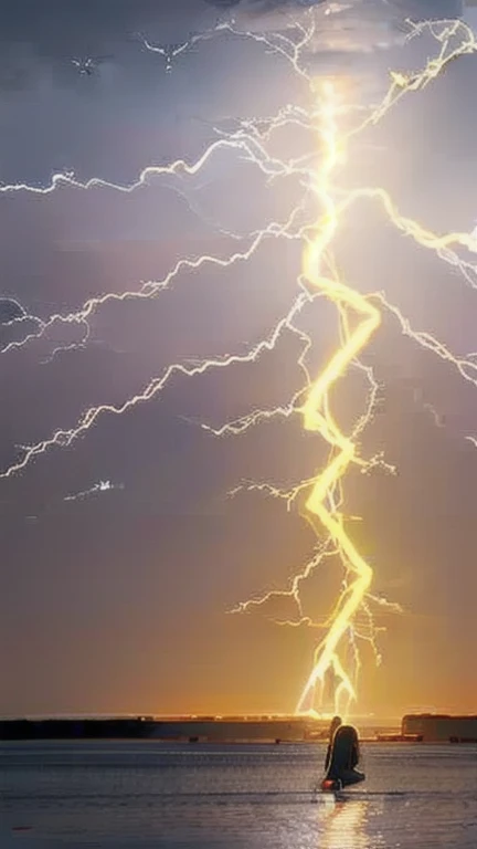 realistic, 8K, poisoned, yellow, red, (Magical Concentration Sword:1), god, lake, ((lightning))