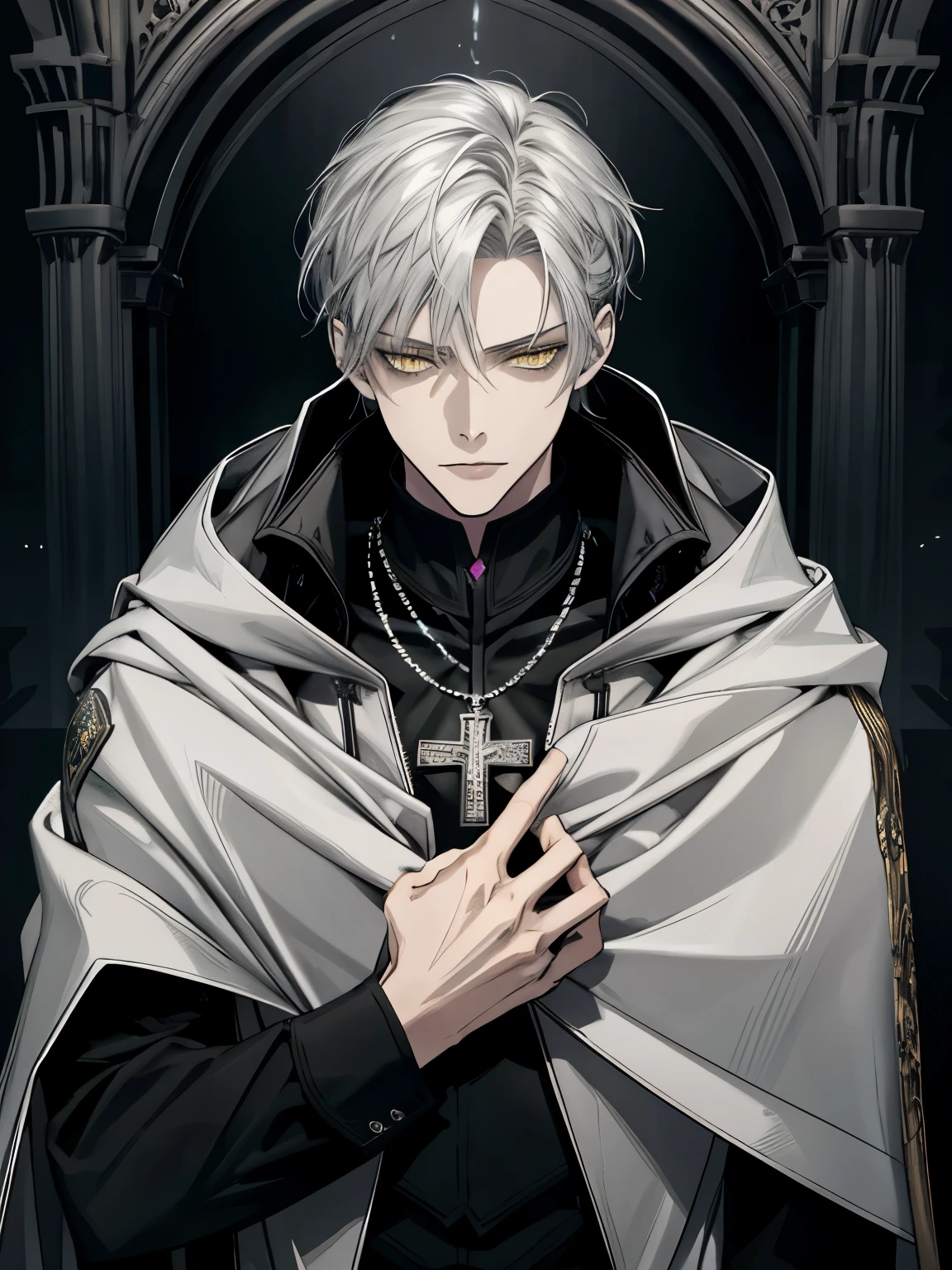 (masterpiece, best quality), alone, 1 male, aldult, Mature, tall muscular man, Dark Theme, Detailed eyes and detailed face, intricate details, fantasy, short hair, silver hair, yellow eyes, Black cape with cape and hood, silver cross necklace, Black shirt, middle Ages, dark background, ruins