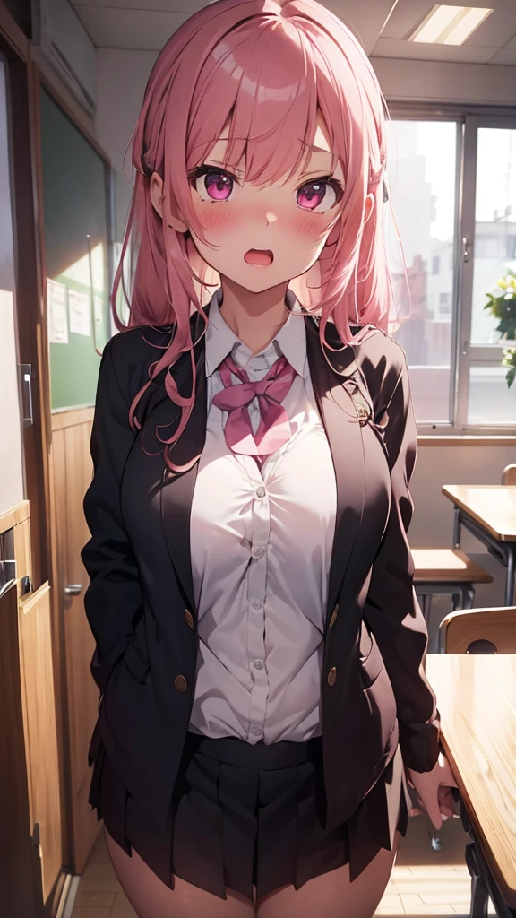 mastute piece,Best Quality,insanely detailed,8k cg,
shoot upper body,
1girl,standing,body in front,looking at viewer,(school blazer-suit),
blush,shy,(trembling:1.2),pink hair,break,open mouth,large breast,classroom,