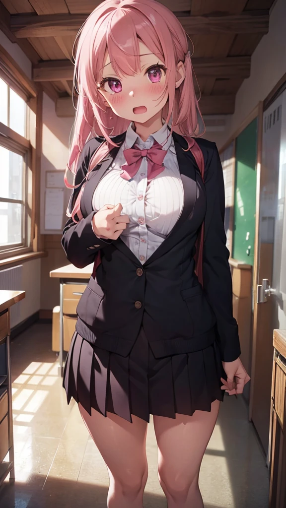 mastute piece,Best Quality,insanely detailed,8k cg,
shoot upper body,
1girl,standing,body in front,looking at viewer,(school blazer-suit),
blush,shy,(trembling:1.2),pink hair,break,open mouth,large breast,classroom,
