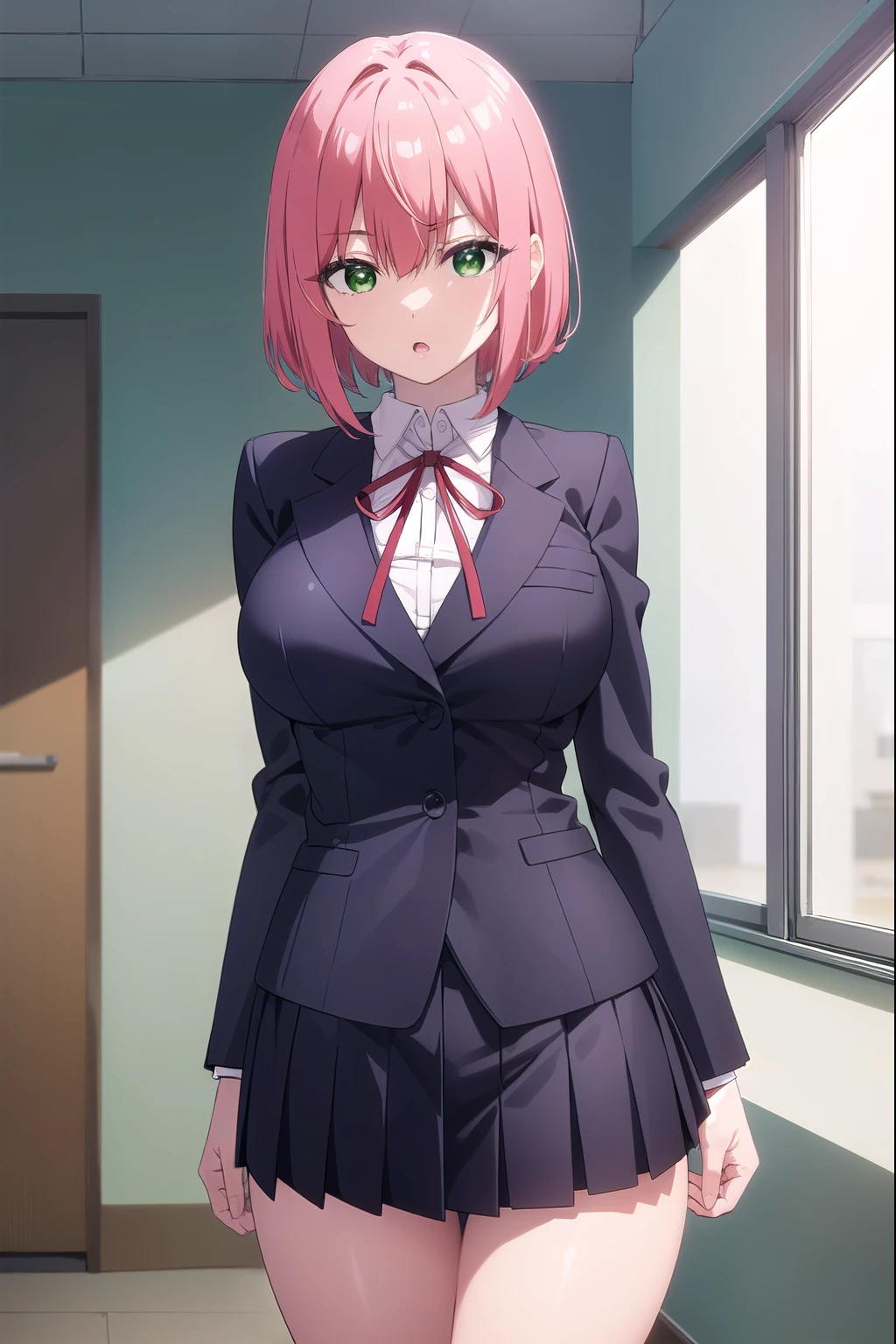 hakarihanazono, hakari hanazono, short hair, hair ornament, (green eyes:1.5), pink hair, flower, hair flower, hair between eyes, sidelocks, open mouth, (big breasts:1.2), (slender:1.6), 
BREAK micro mini skirt, tight shirt, ribbon, , blazer, white shirt, pleated skirt, collared shirt, black skirt, red ribbon, neck ribbon, 
BREAK looking at viewer,
BREAK indoors, classroom, (cowboy shot:1.5),
BREAK (masterpiece:1.2), best quality, high resolution, unity 8k wallpaper, (illustration:0.8), (beautiful detailed eyes:1.6), extremely detailed face, perfect lighting, extremely detailed CG, (perfect hands, perfect anatomy),